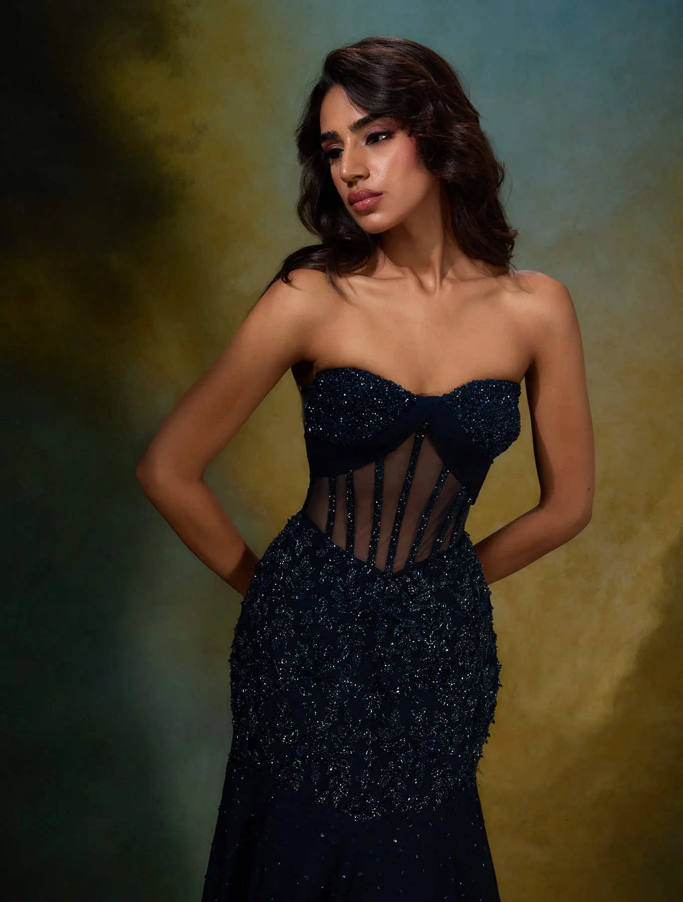 Elle by Shloka Khialani, teal blue gown, view 2
