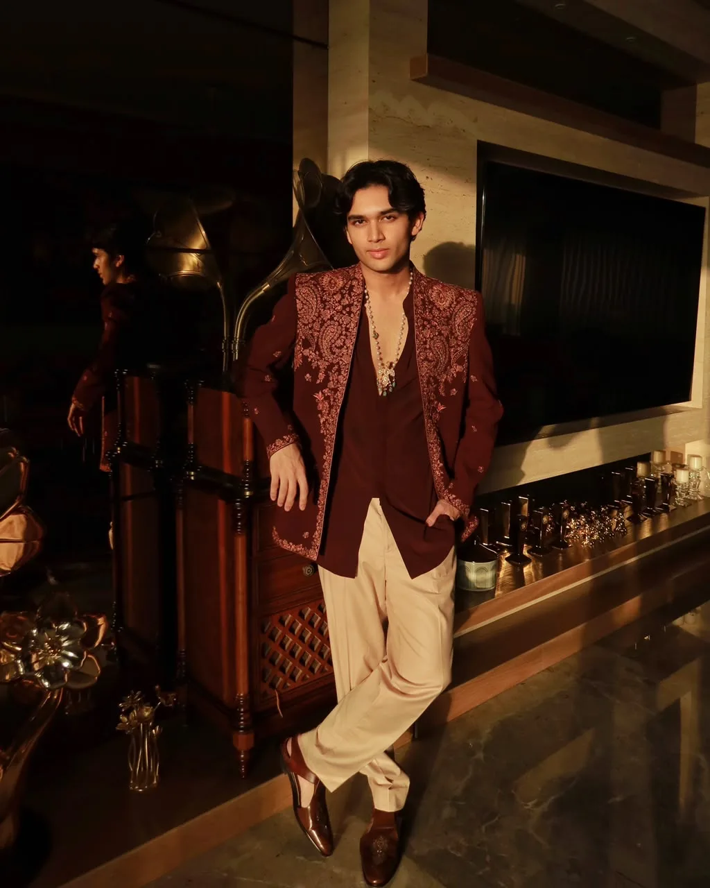 Shrey Singh in Royal Kashida Open Jacket Set by Dolly J in maroon