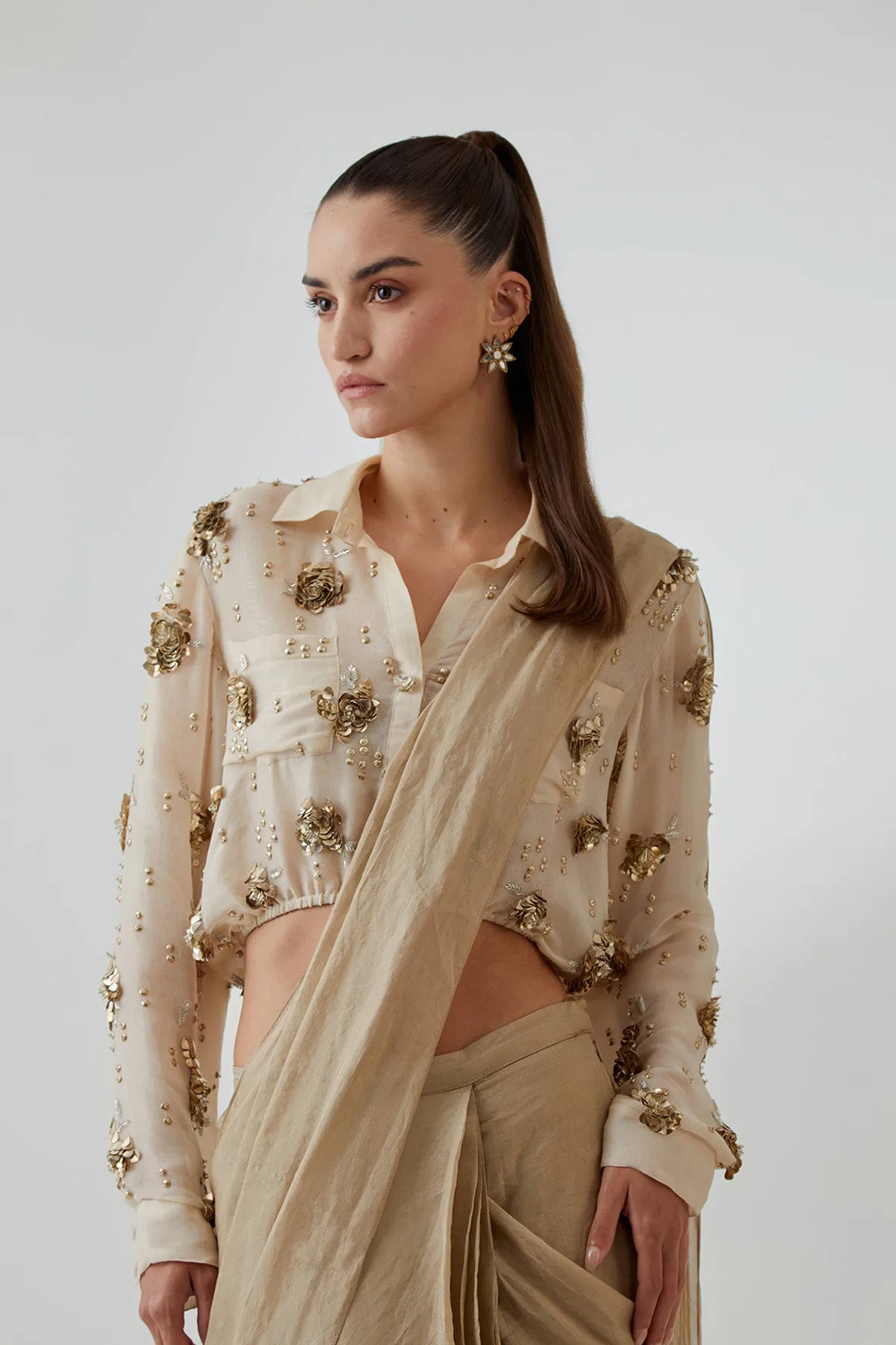 Stone Organza Studded Shirt With a Tissue Knotted Saree by Payal Singhal in gold, view 4