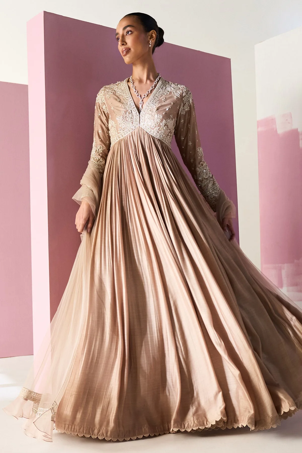 Maahrukh by Ridhi Mehra, champagne anarkali