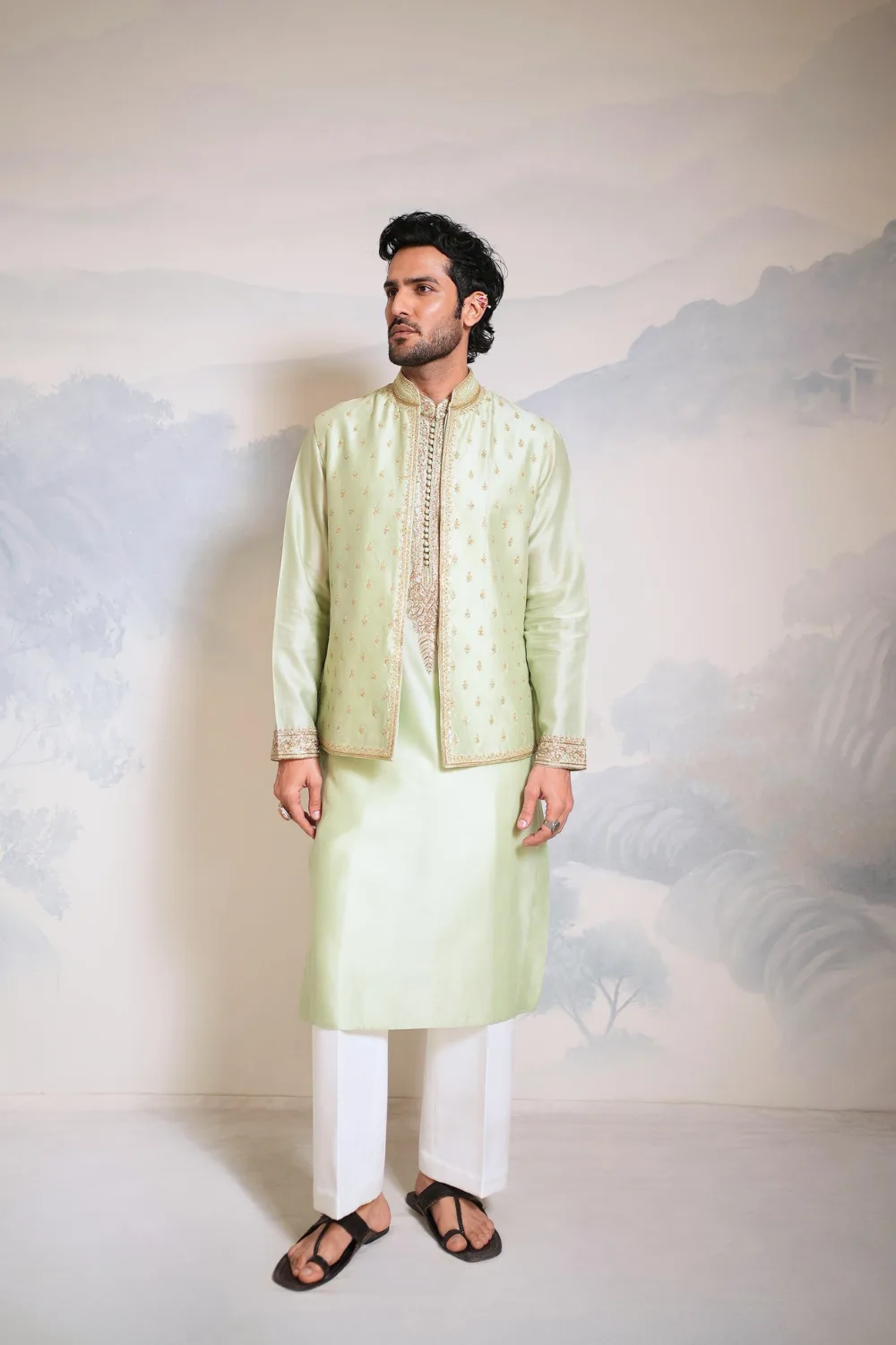 Madhav Bandi Set by Jigar Mali in sage green