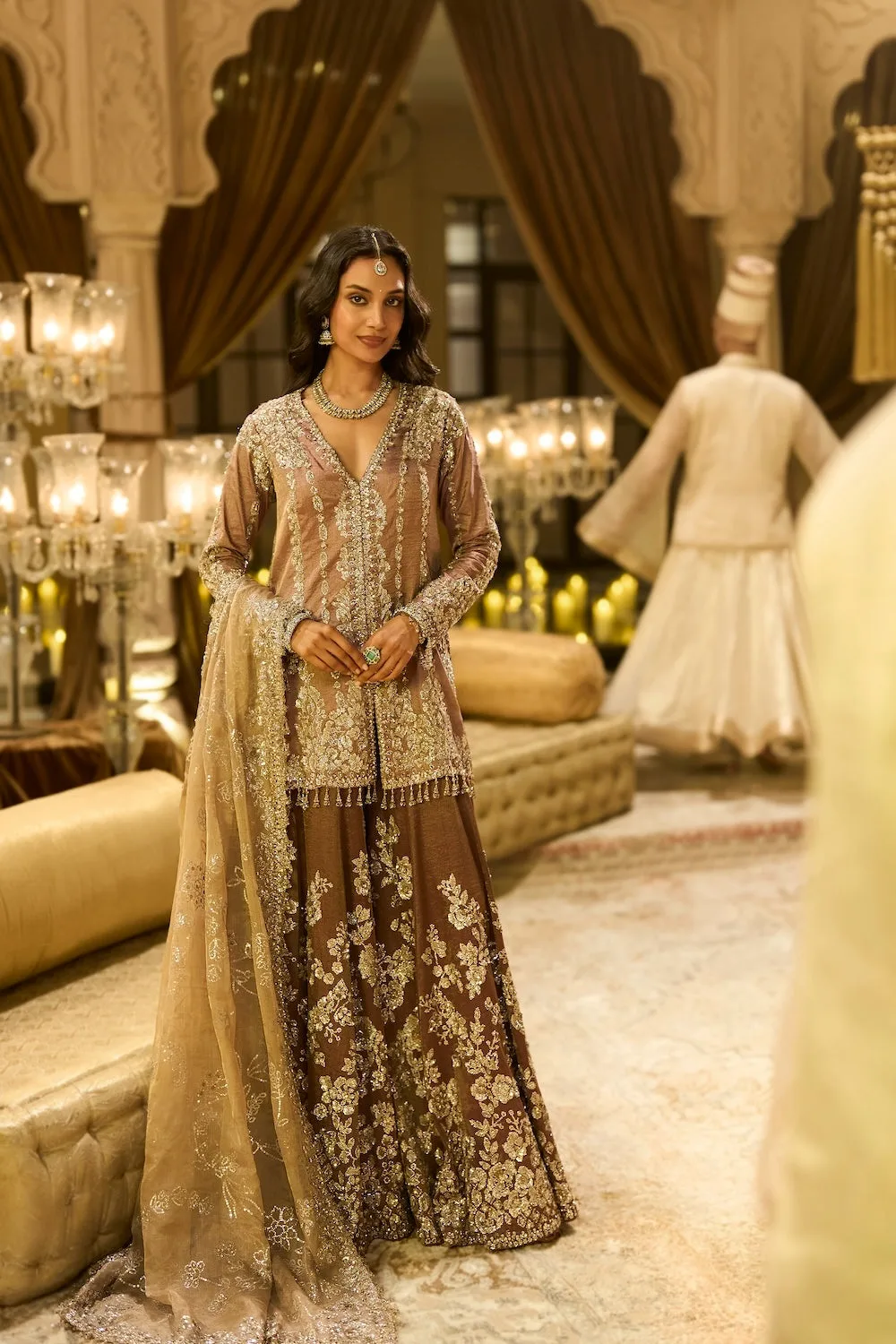 Dusty Rose Tissue Sharara Set by Seema Gujral, dusty rose sari
