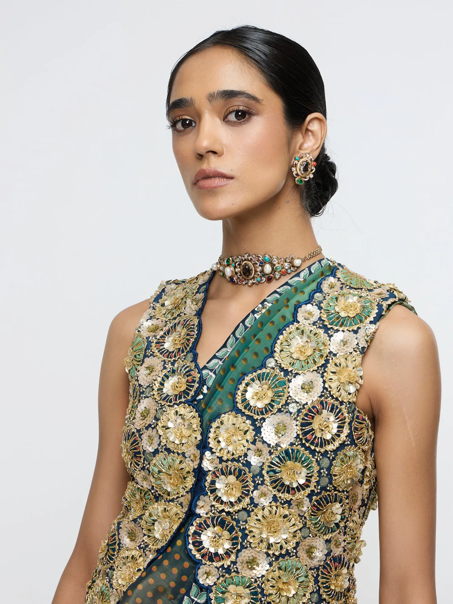 Nayab Waist Coat Paired With Drape Saree. by SVA in emerald, view 3