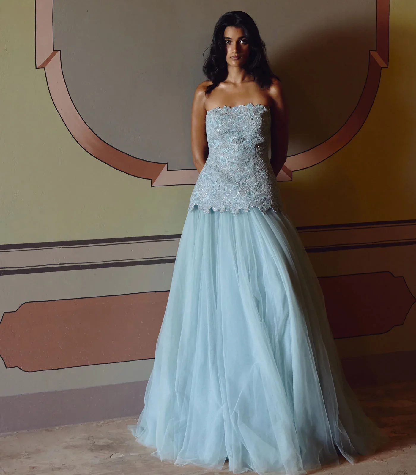 Powder Blue Dori Embroidery Cutwork Tube Peplum Skirt Set by Anushree Reddy