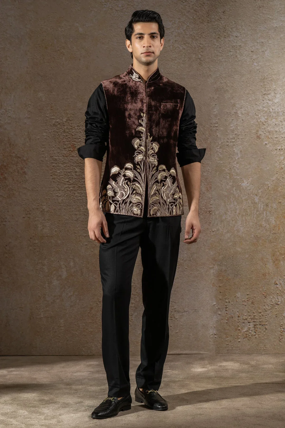Golden Light Hand- Embroidered Velvet Waistcoat Set by Tarun Tahiliani