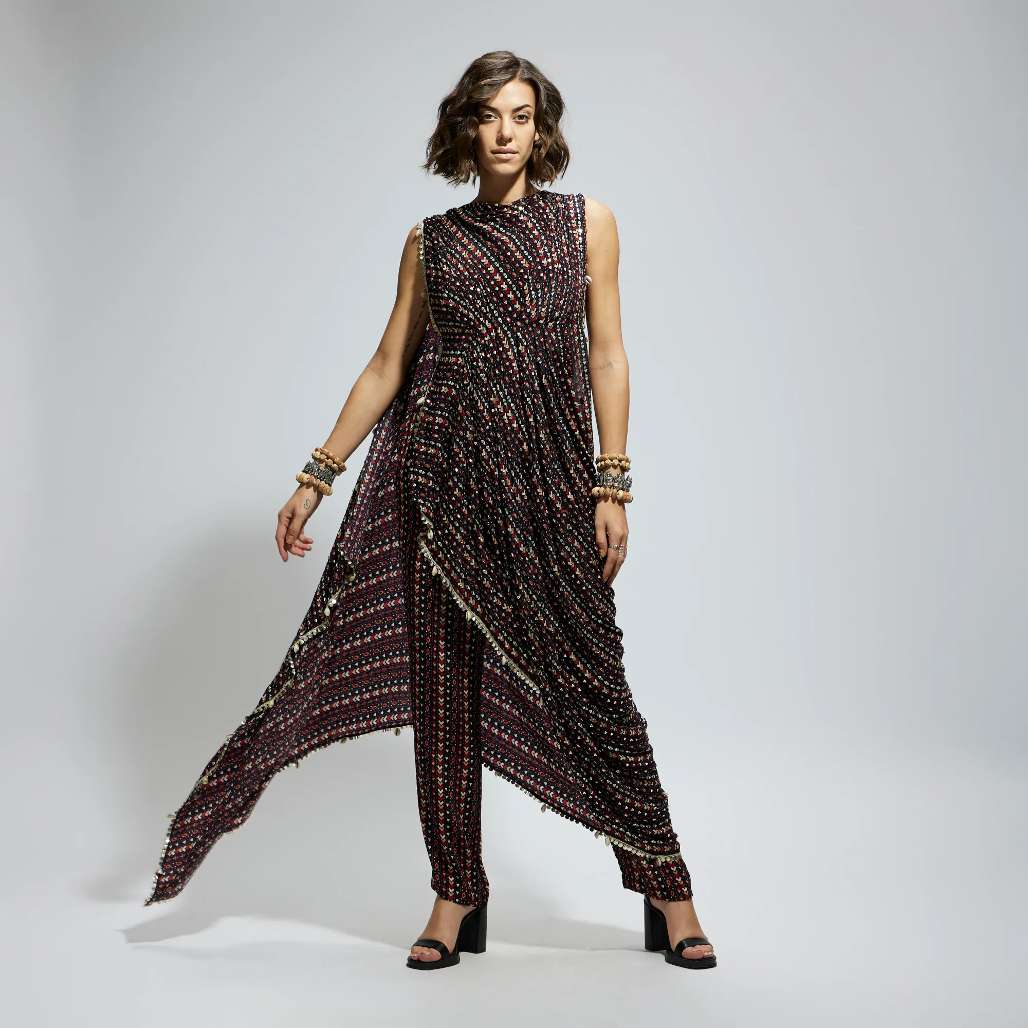 Blue Boho Print Embellished Croptop Attached Drape with Pants by SVA