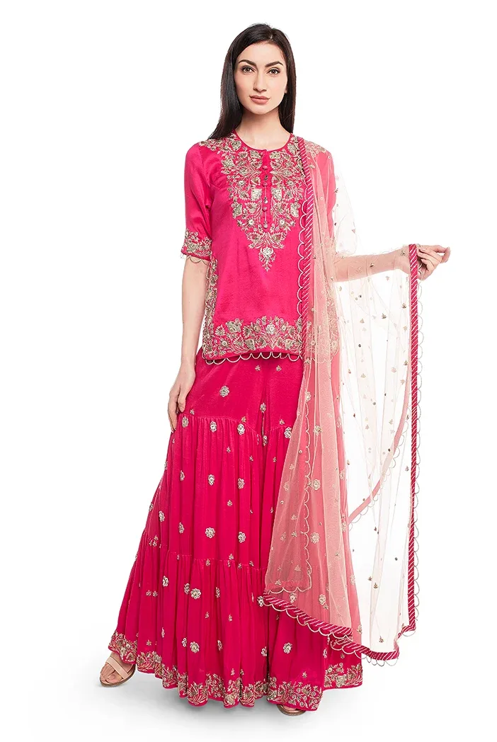 Black Colour Crepe Short Anarkali Top and Low Crotch Pant with Attached Mukaish Georgette Drape by Payal Singhal