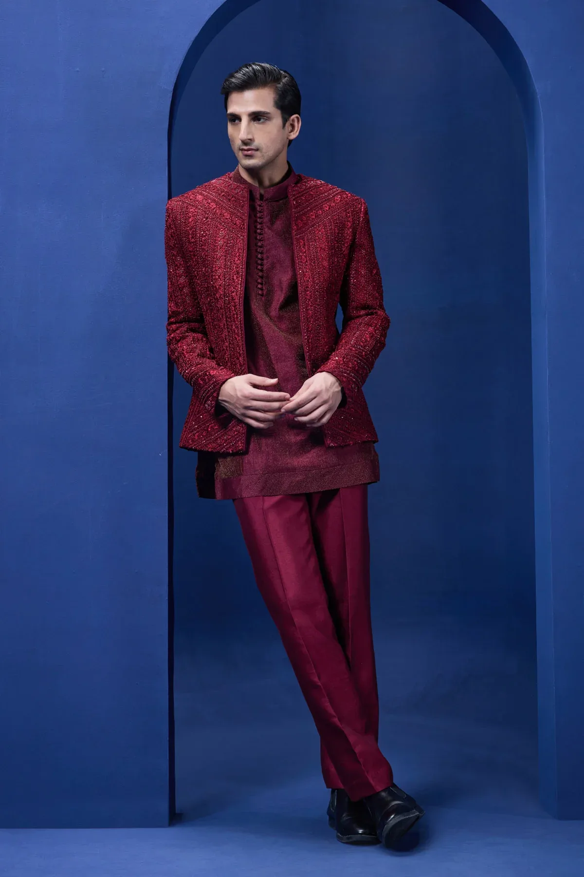 Wine open bandhgala with thread sequins & pearl work by Sarab Khanijou