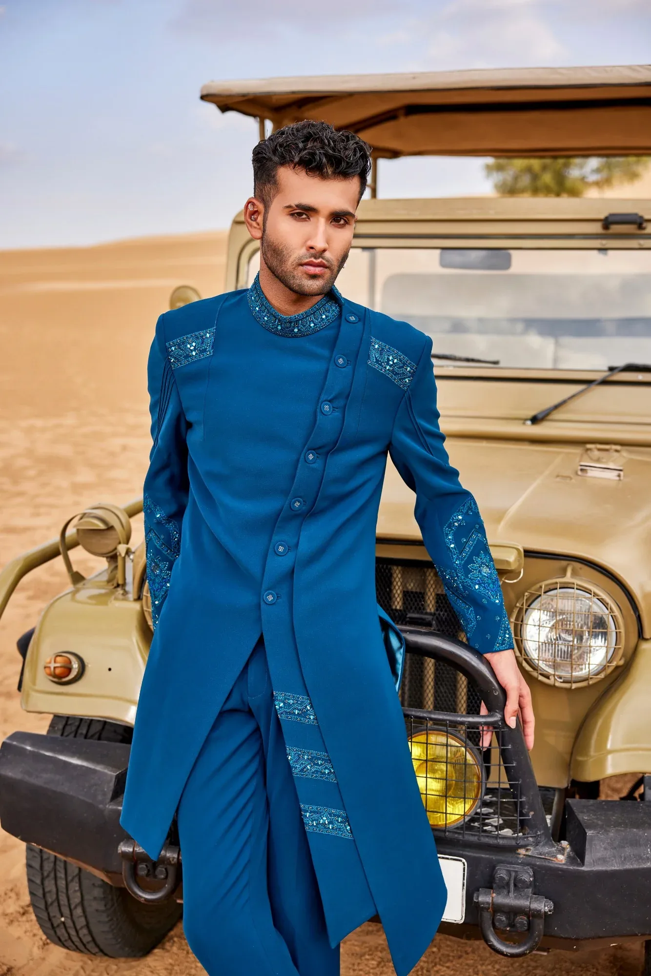 Teal Blue Slant Cut Indo-Western by Sarab Khanijou