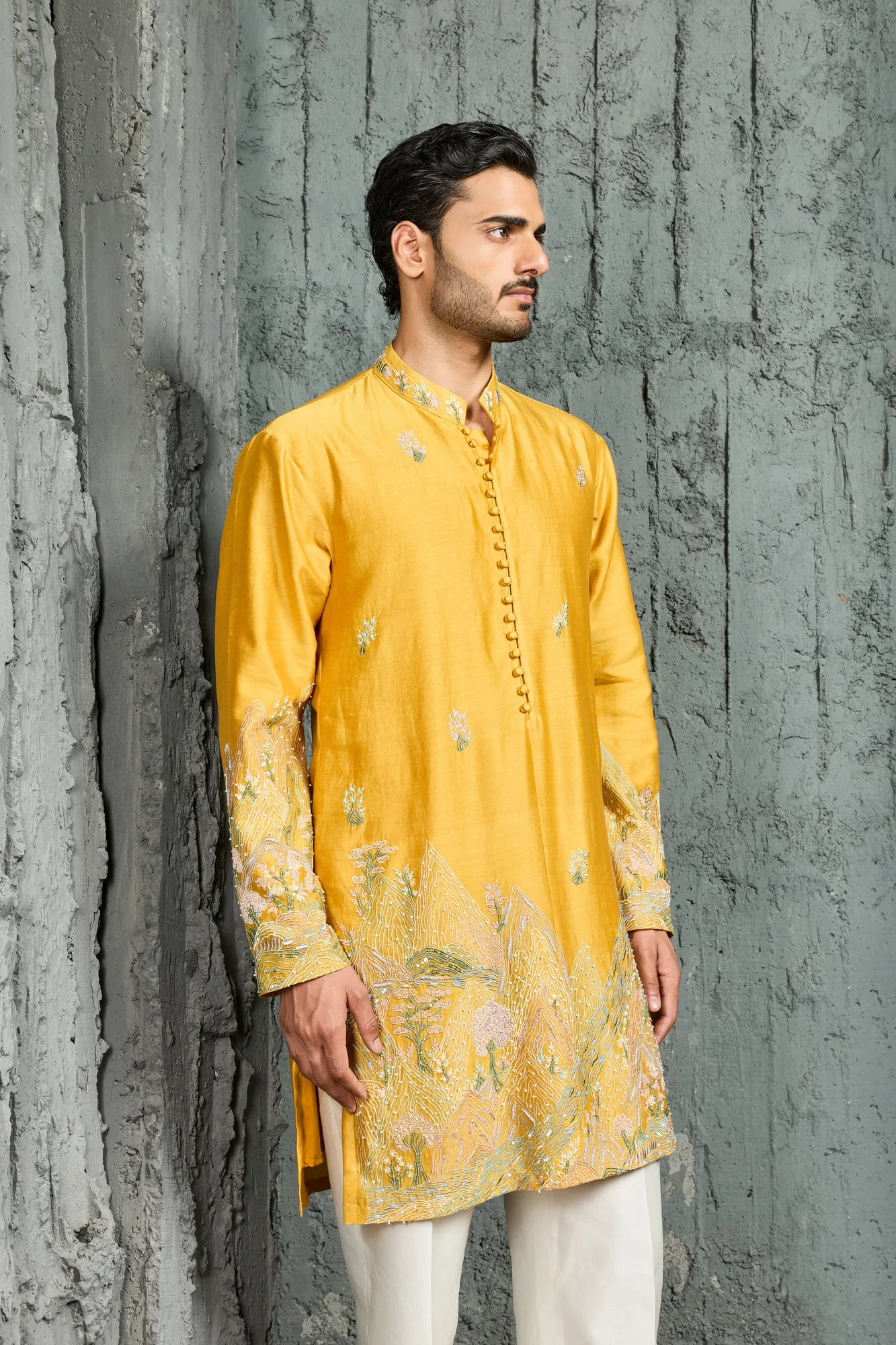 Yellow Gulrang Ridge Kurta Set by Sarab Khanijou