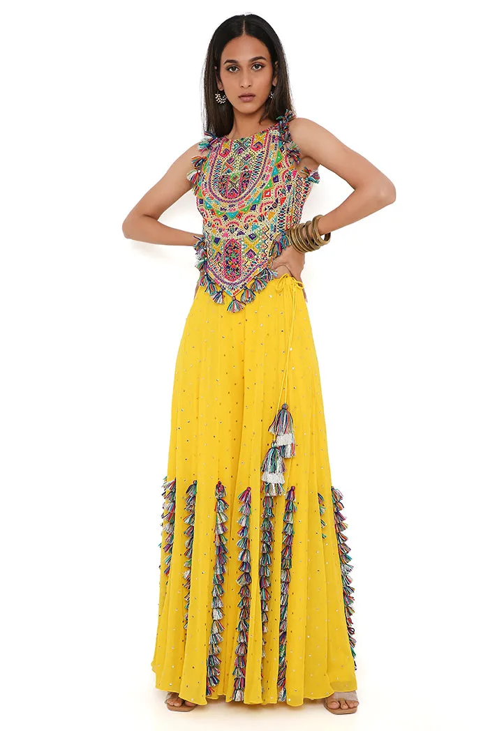 Yellow Georgette Embroidered Choli With Mukaish Georgette Sharara by Payal Singhal