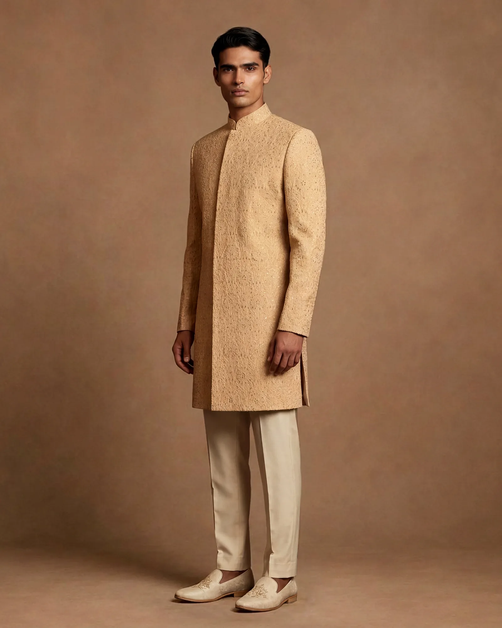 Fawn Sherwani, Kurta & Pant Set by Dolly J, view 3