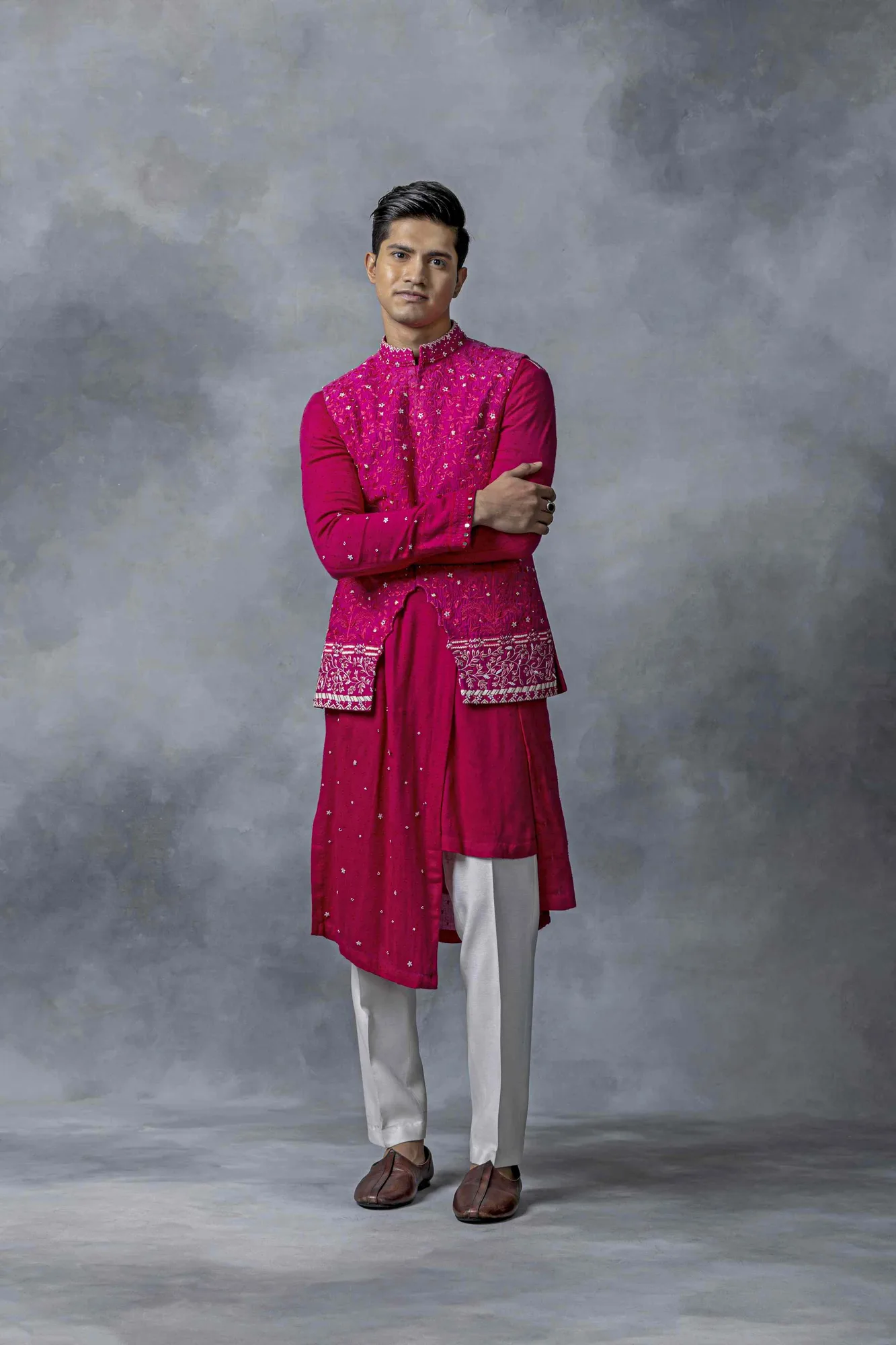 Hot Pink Front Cut Waistcoat Set by Sarab Khanijou