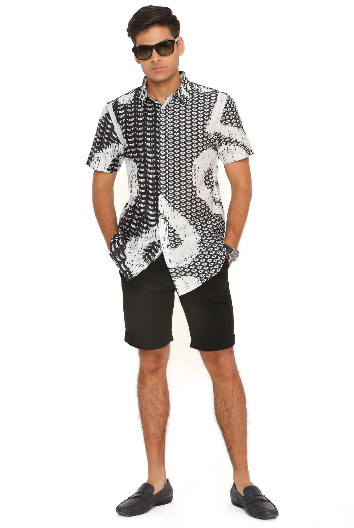 Black And White Uzbek Print Silkmul Shirt by Payal Singhal