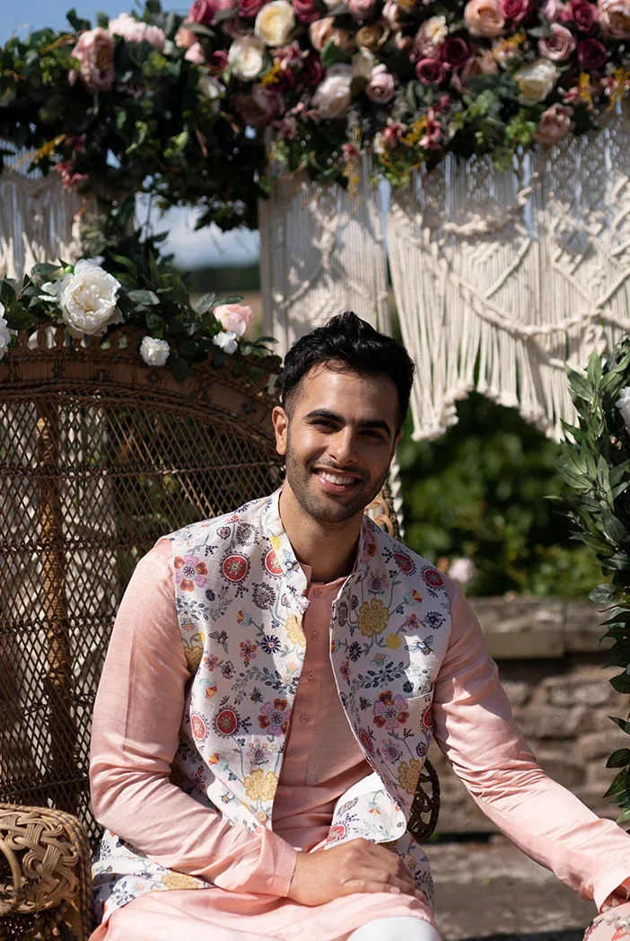 Taish Collection - Cream Colour Printed Dupion Silk Bandi with Rose Pink Silk Kurta and Off White Cotton Silk Churidar by Payal Singhal