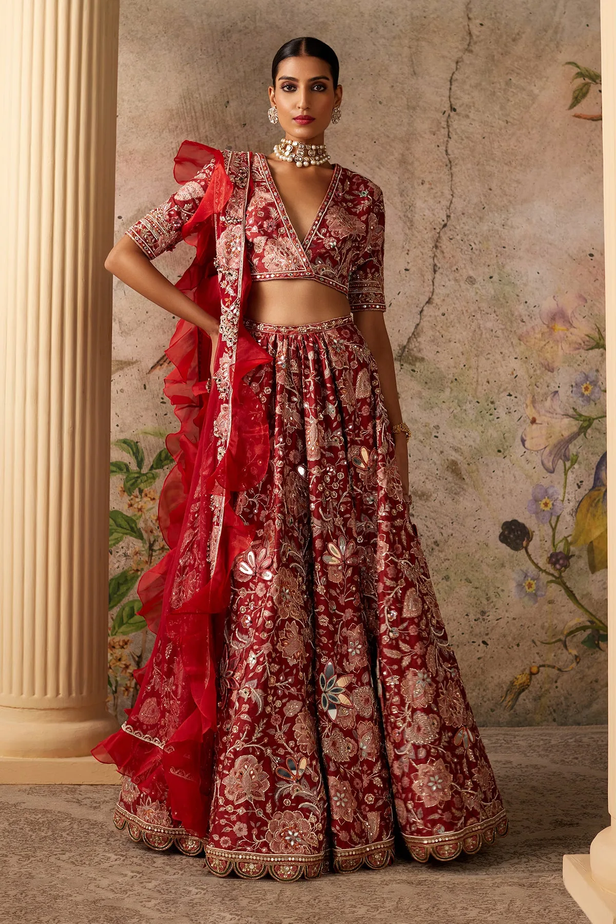 Ace Lehenga Set by Ridhi Mehra in red, view 3