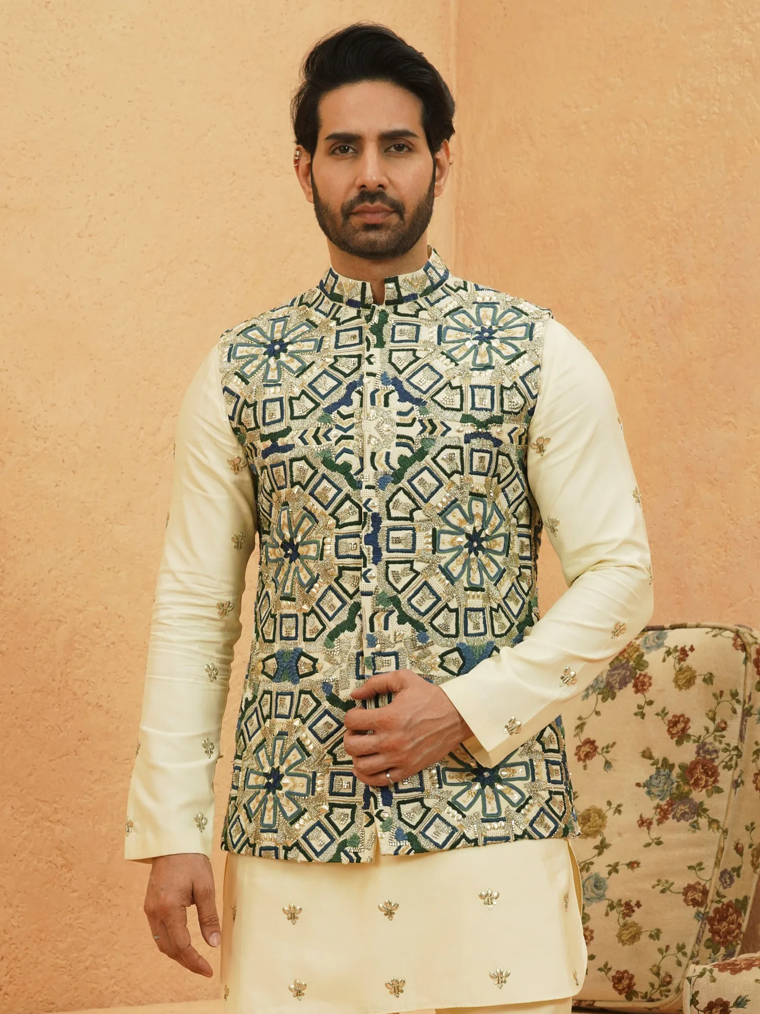 Tariq Embellished Bundi by SVA in blue
