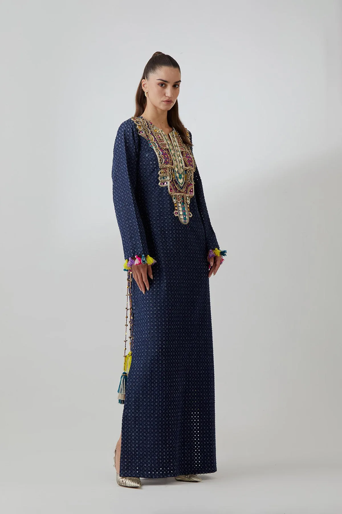 Blue Denim Embroidered Yoke Kaftan by Payal Singhal, view 2