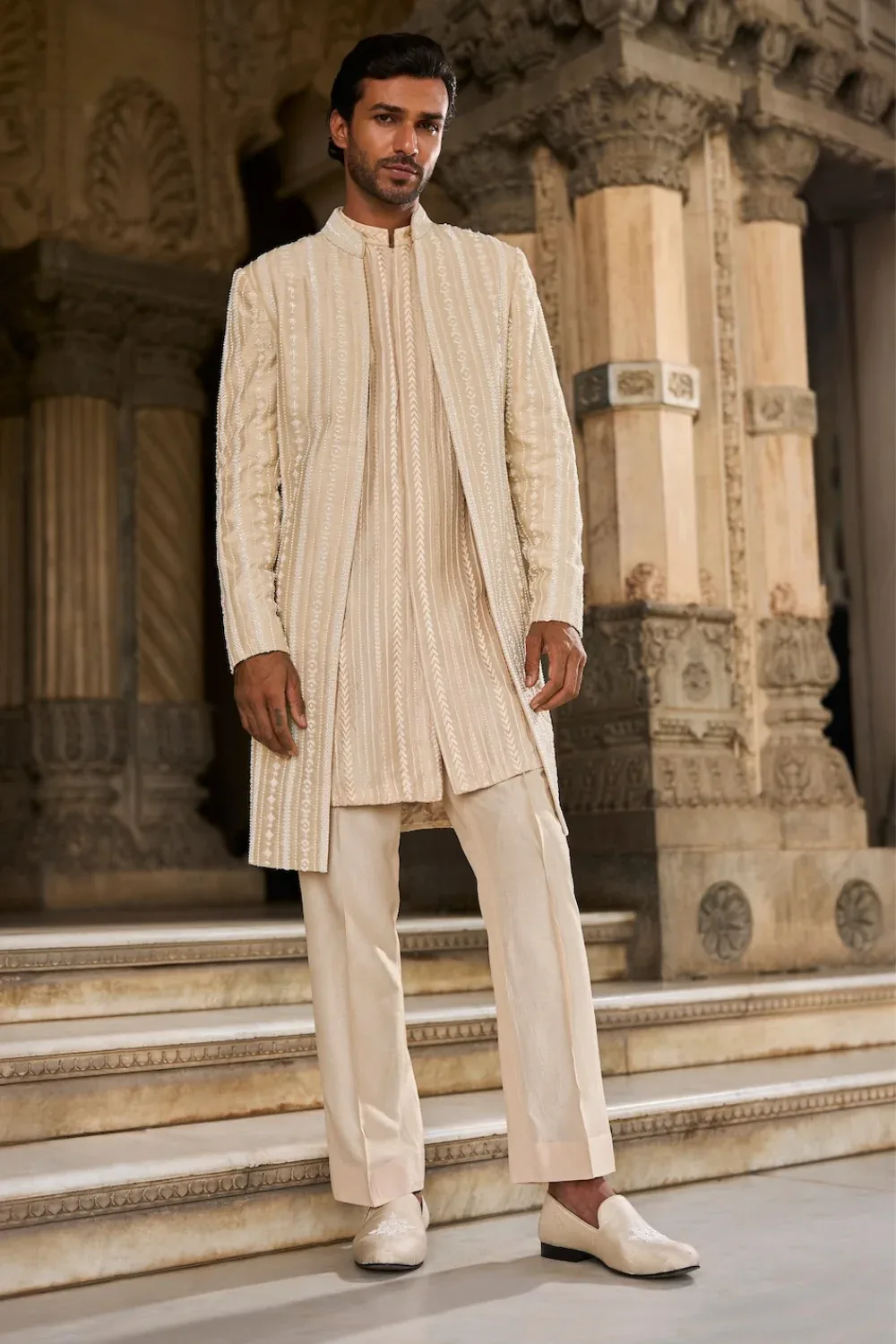Beige Pearl Open Sherwani Set by Seema Gujral