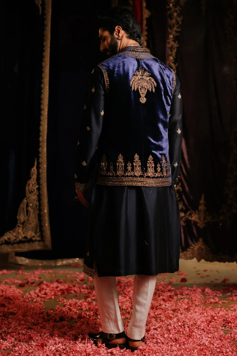 Zunair Jacket Set by Jigar Mali in navy blue, view 4