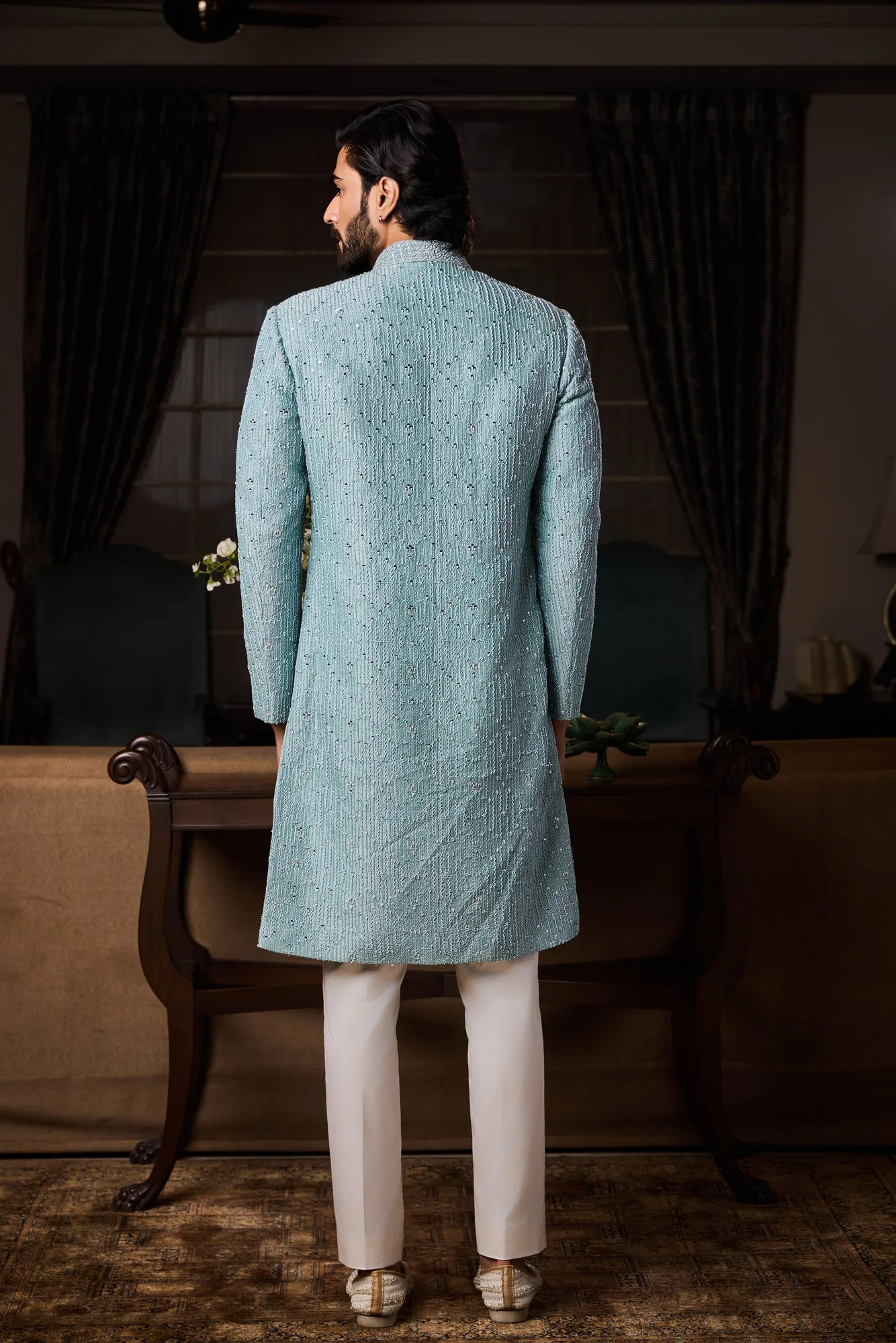 Jade Blue Raw Silk Sherwani Set by Nitika Gujral, view 2