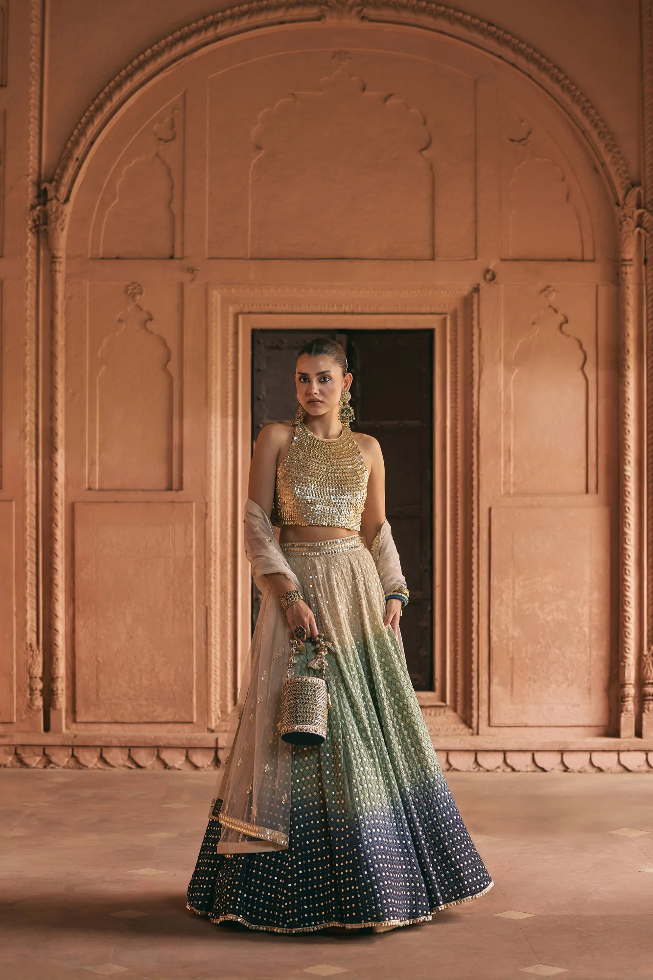 Naaz Embellished Bustier Paired with Lehenga and Dupatta by SVA