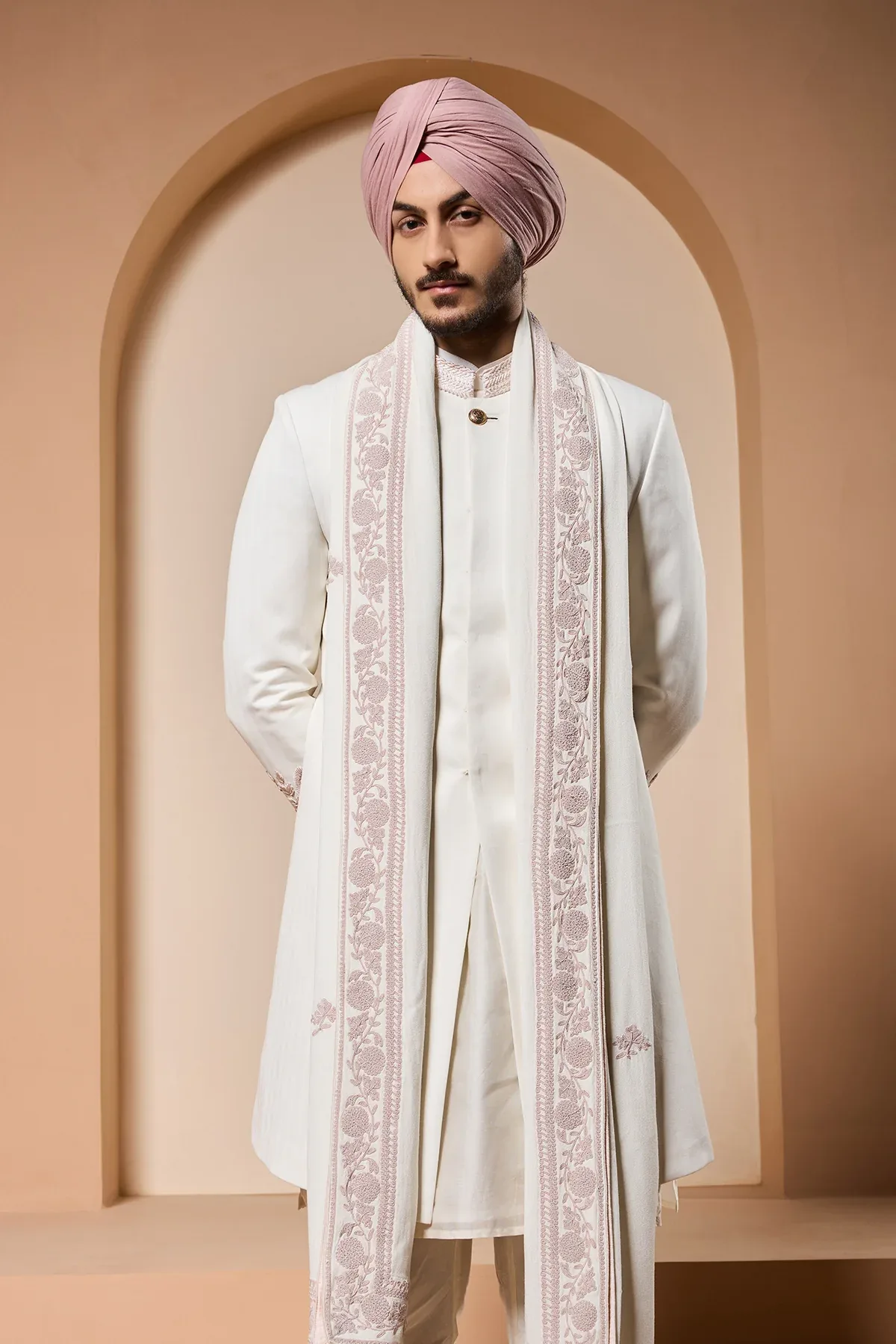 Ivory sherwani detailing with sequins and with thread work by Sarab Khanijou