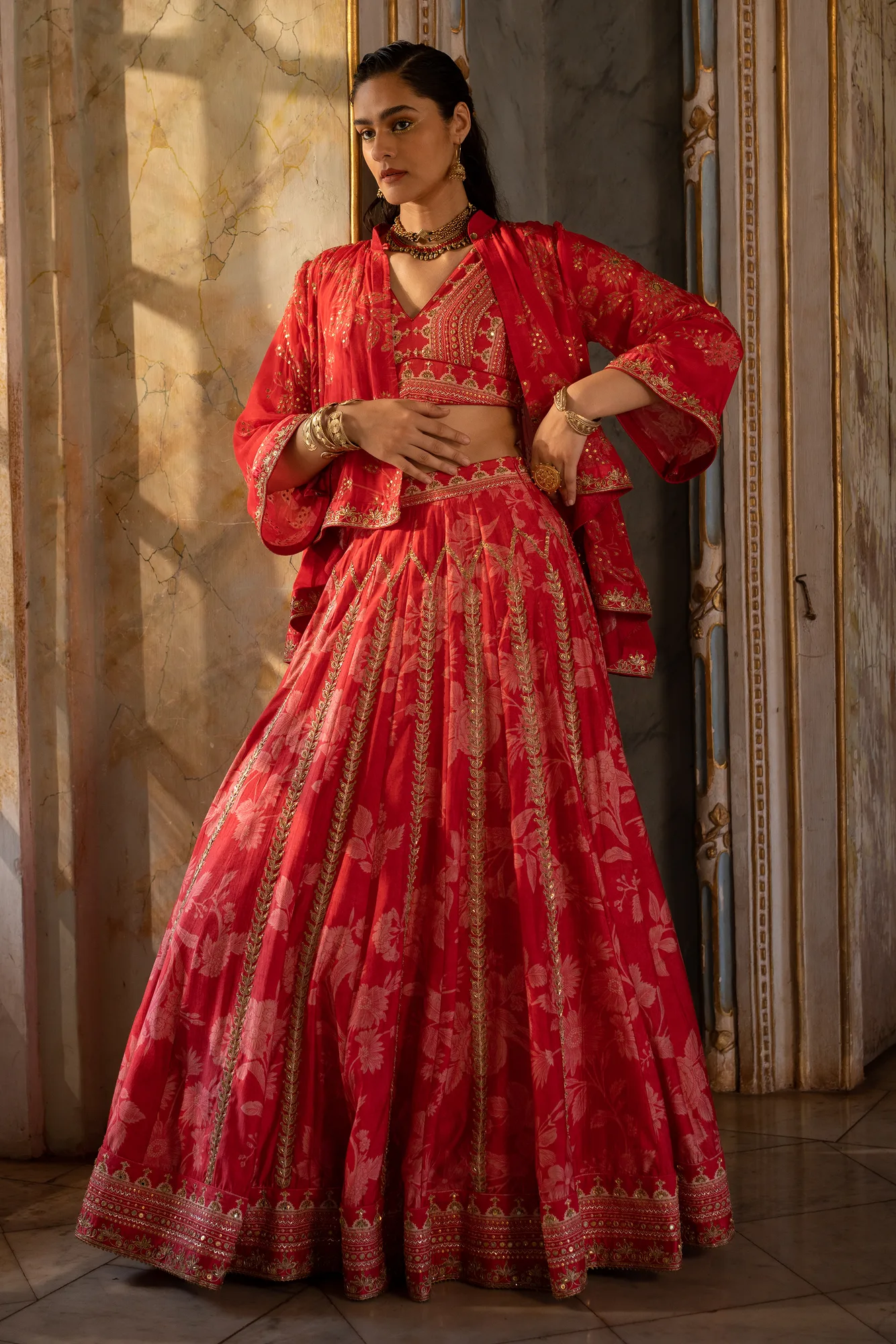 Eyana Lehenga Set by Paulmi And Harsh in red, view 3
