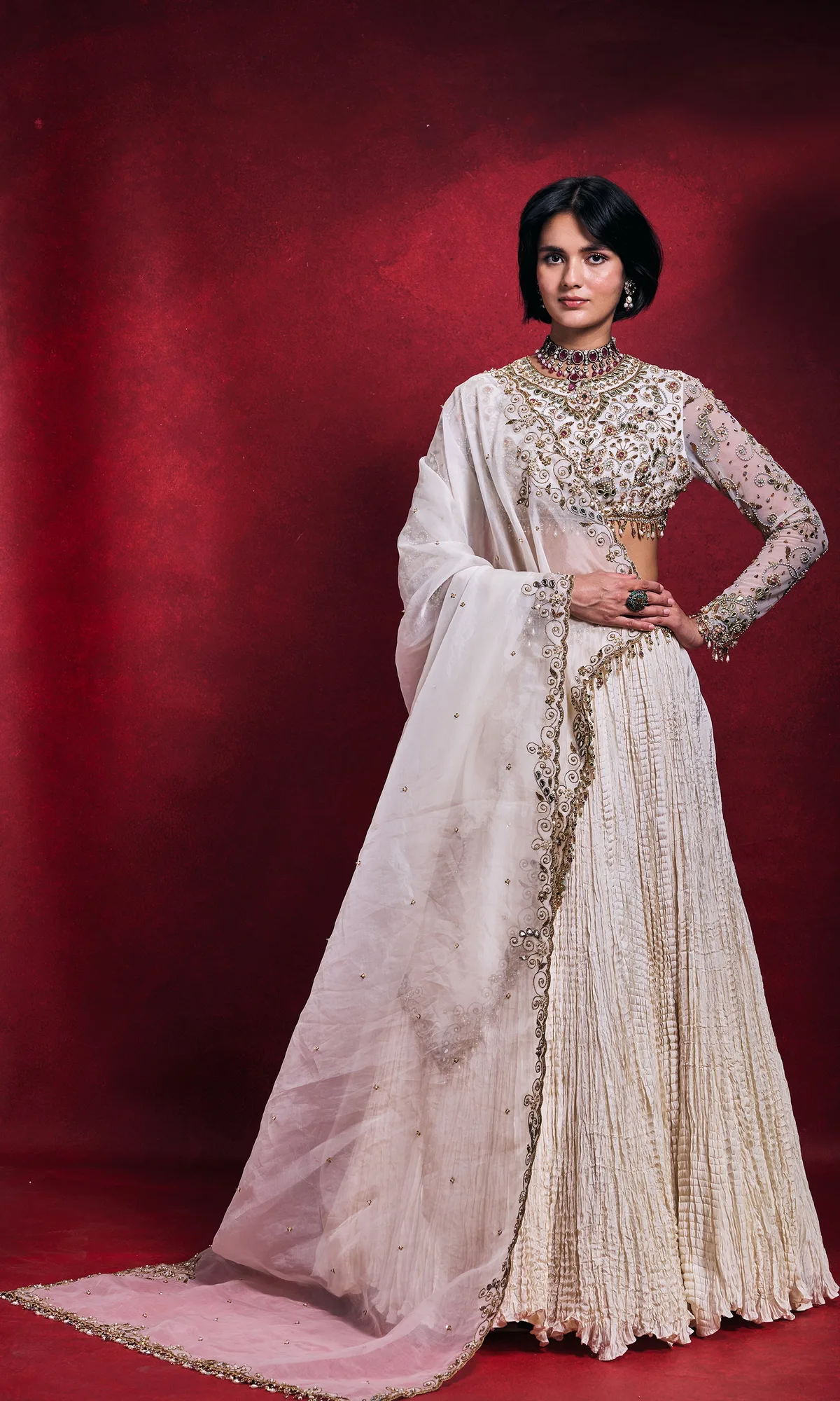 Ivory Crushed Lehenga Set by Tamanna Punjabi Kapoor