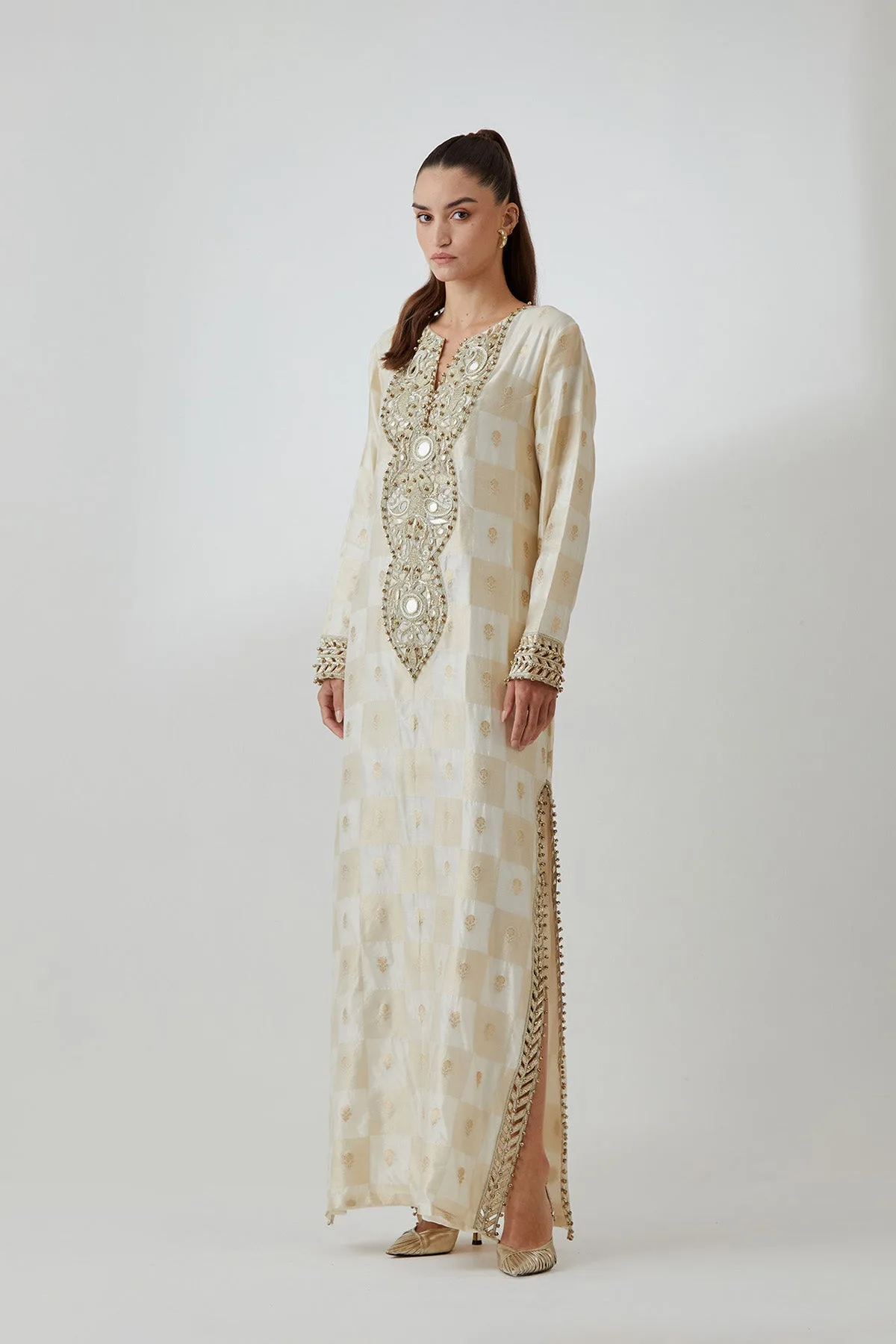 Off-White Brocade Silk Embroidered Long Kaftan by Payal Singhal in off white, view 3