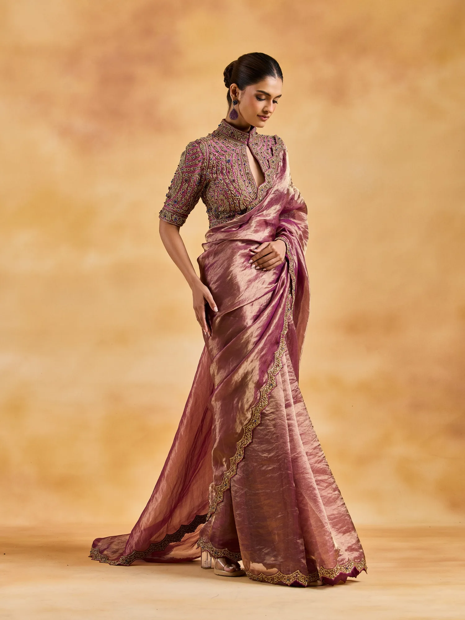 Purple Benarsi tissue saree with Antique Zardozi embroidery by Nitika Gujral, view 2