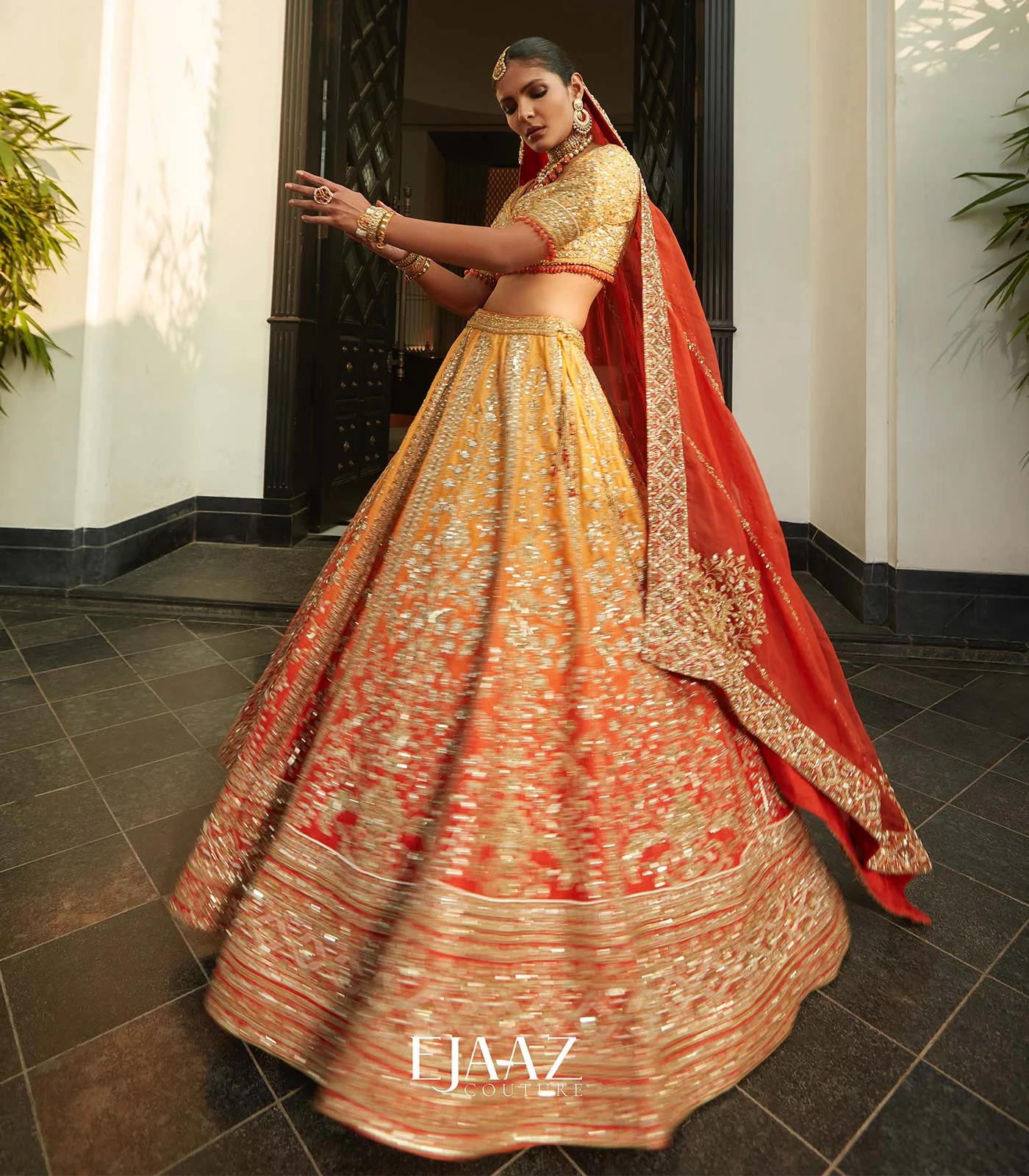 Ombré Honey and Saffron Lehenga Set by Mukul Arora