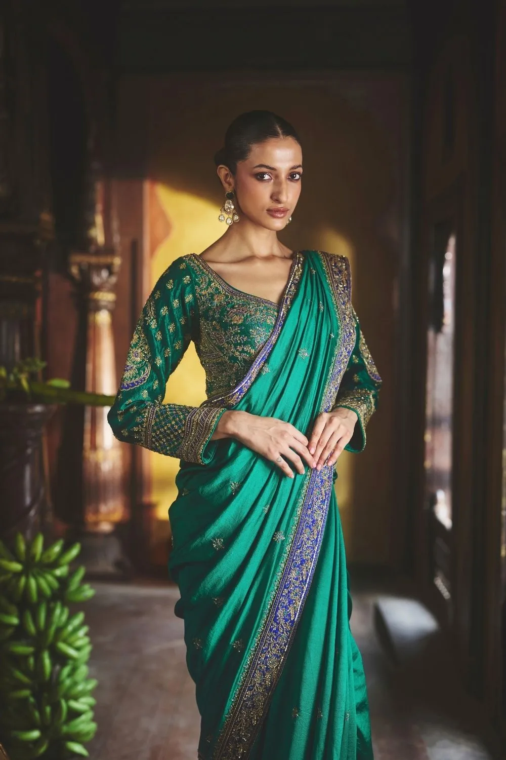 Pavitra Silk Saree by Jigar Mali in green, view 2