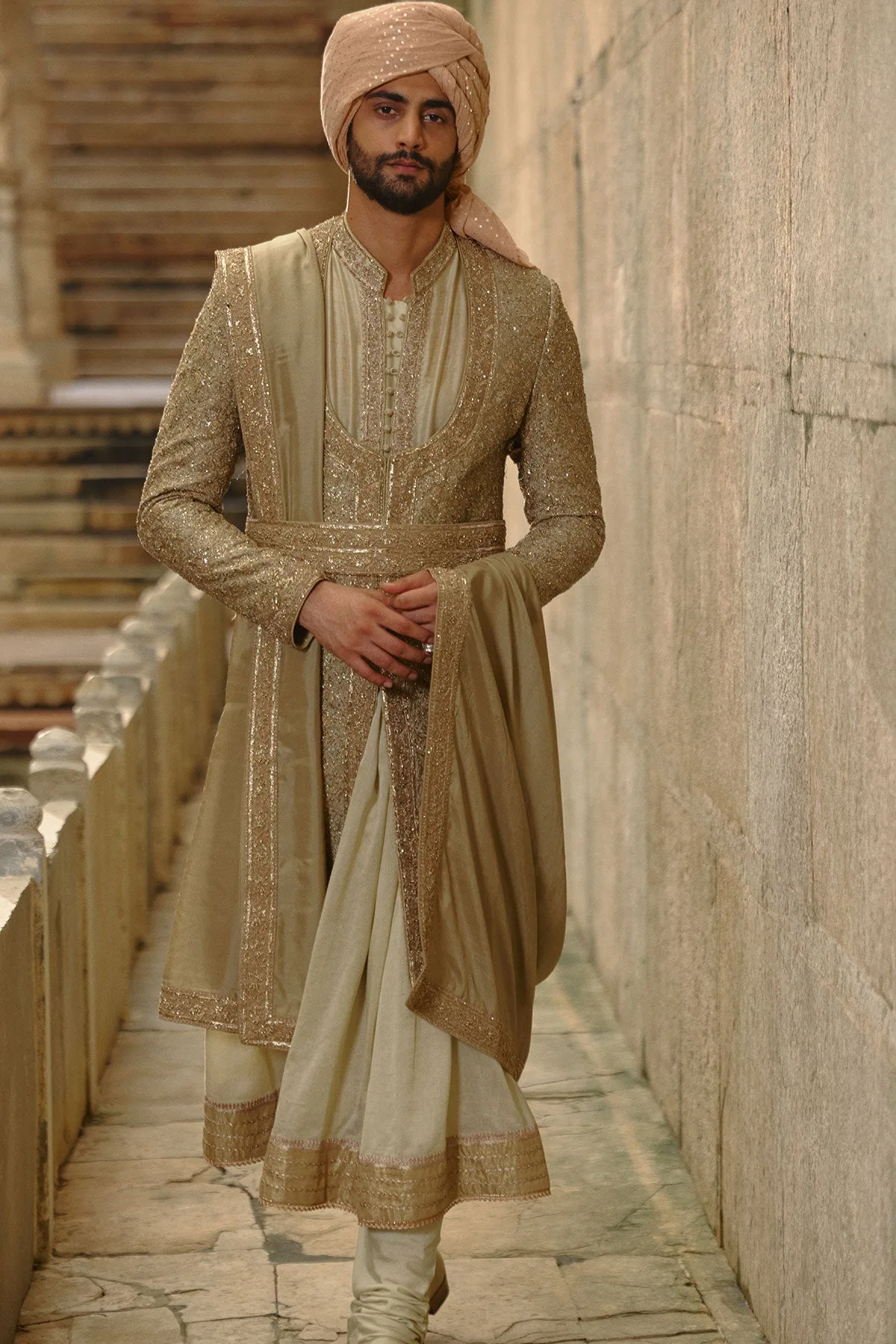Olive Green Sherwani Set by Nitika Gujral, view 4