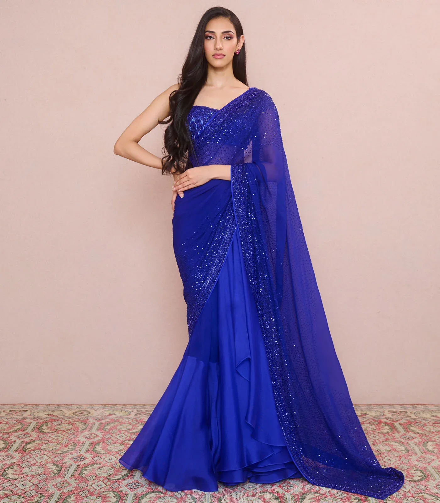 Ink Blue Cutdana Sequence Ruffle Saree Set by Anushree Reddy