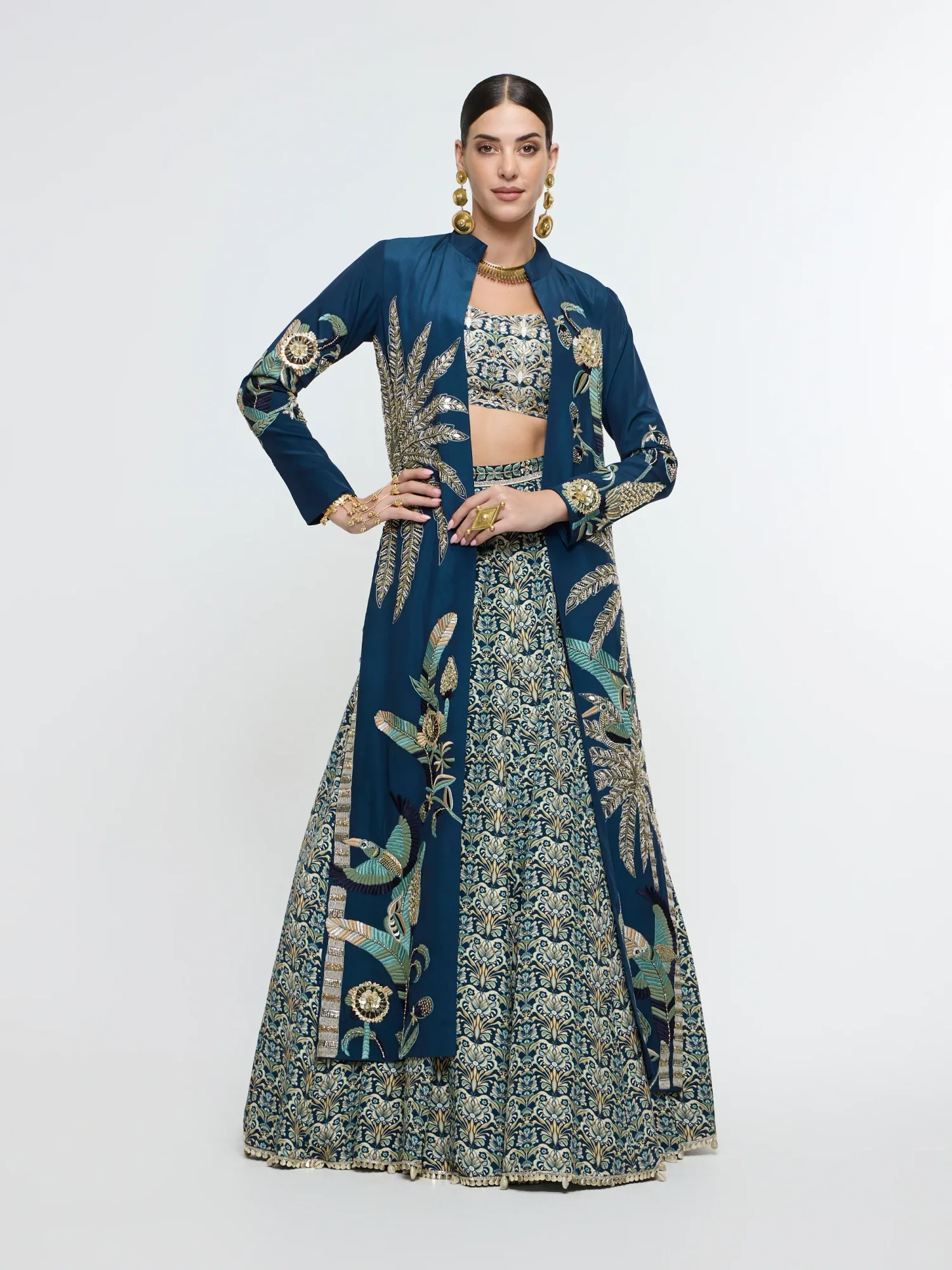 Neel Tropical Long Jacket with Studded Bustier and Lehenga by SVA