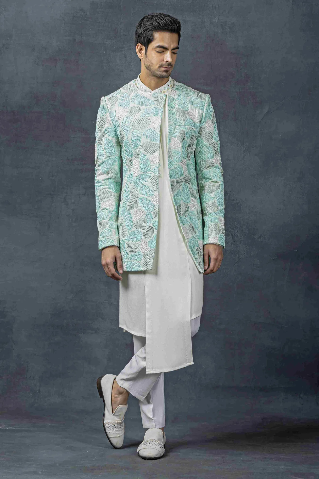 Aqua Open Bandhgala Set by Sarab Khanijou
