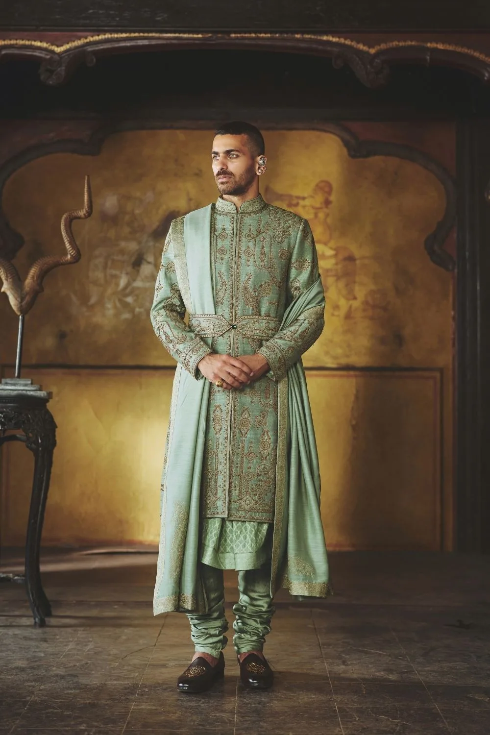 Manthan Sherwani by Jigar Mali in sage, view 2