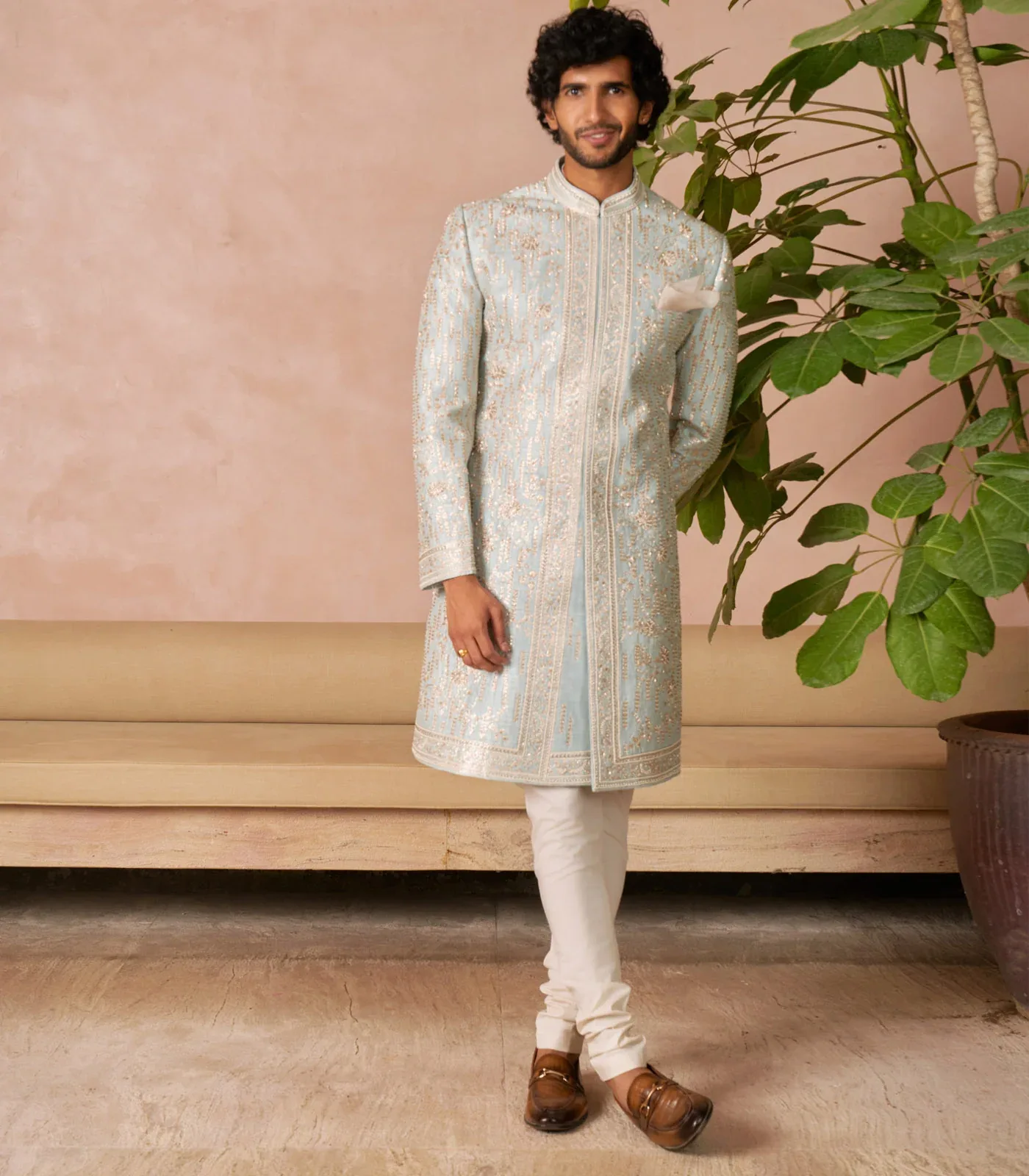 Aqua Blue Sherwani Set by Anushree Reddy