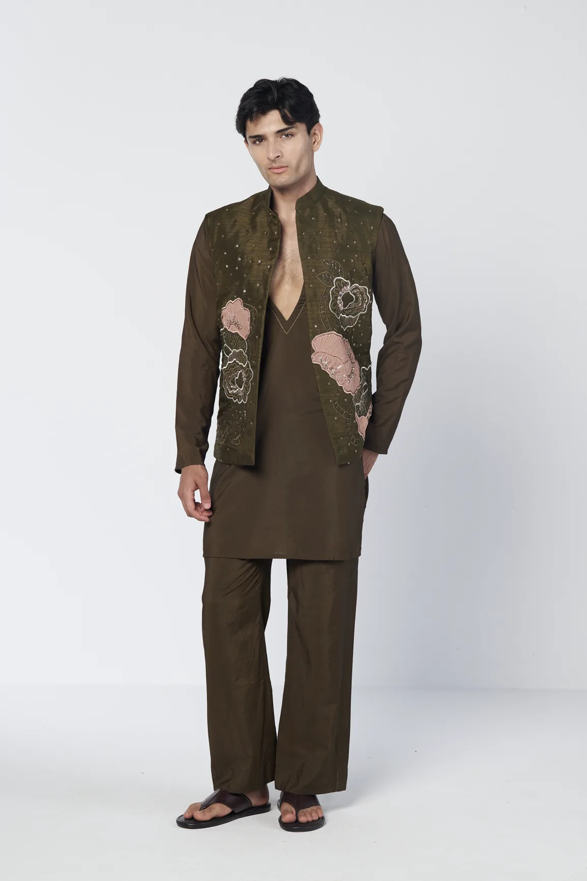 Shadow Olive Men's Kurta by Rishi and Vibhuti, view 2