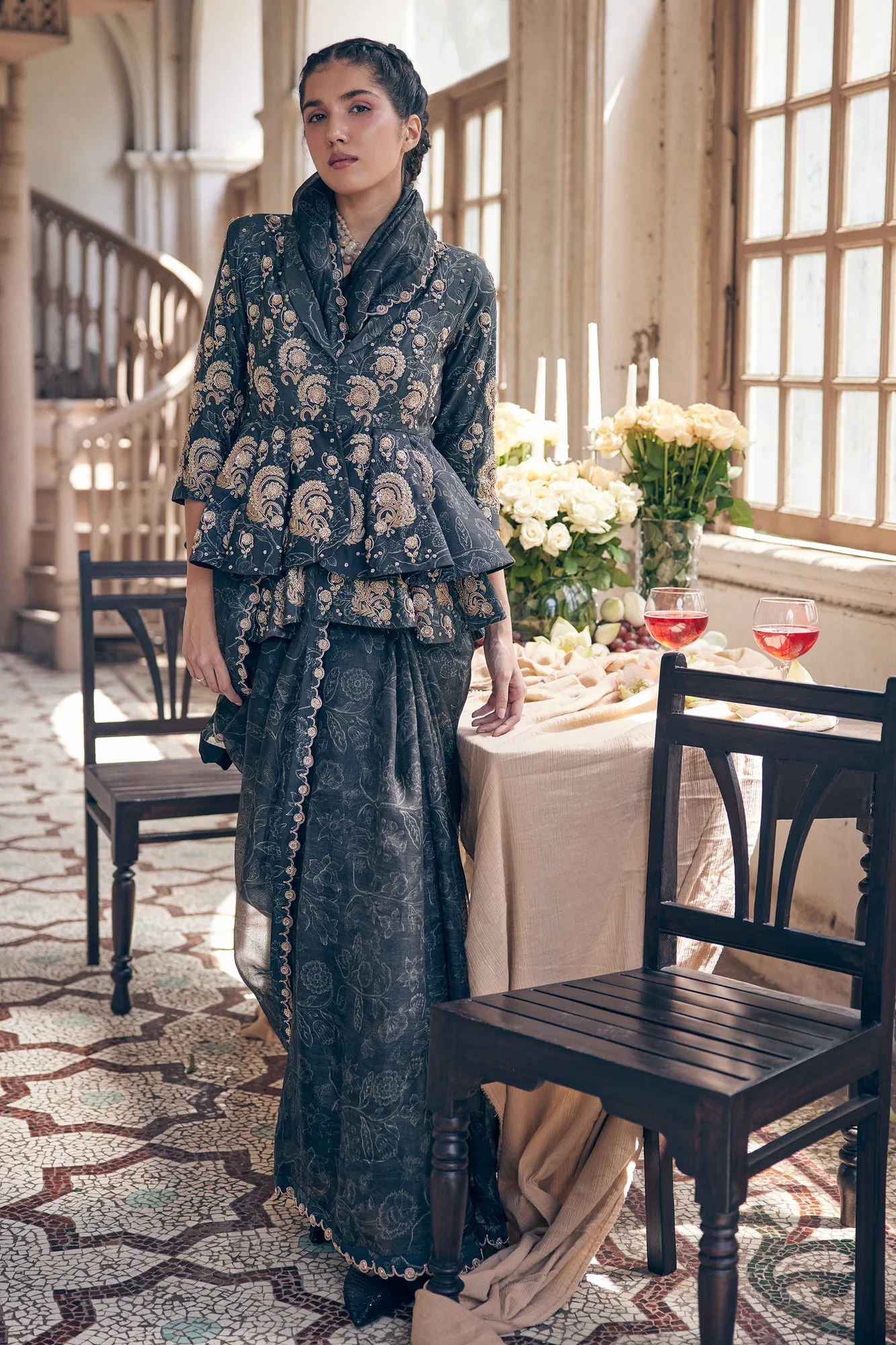 Faye Saree Jacket Set by Paulmi And Harsh in black