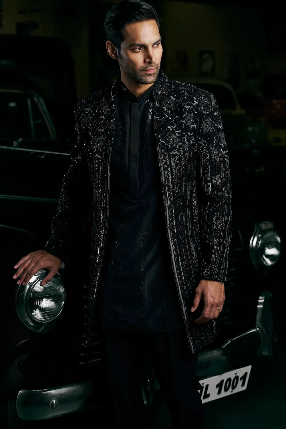 Black Abstract Open Sherwani Set by Seema Gujral