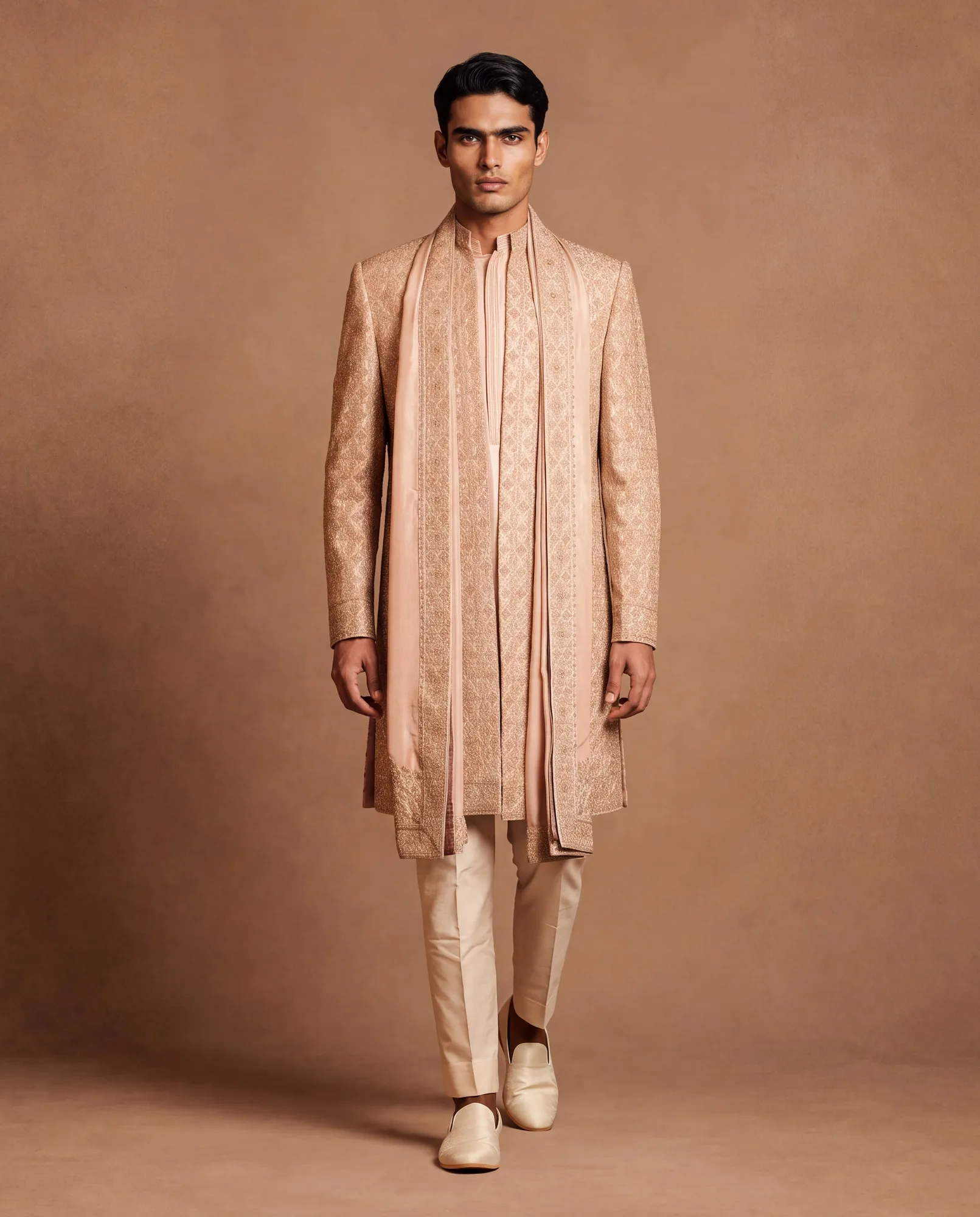 Rosewood Sherwani, Kurta, Churidar & Dupatta Set by Dolly J in blush