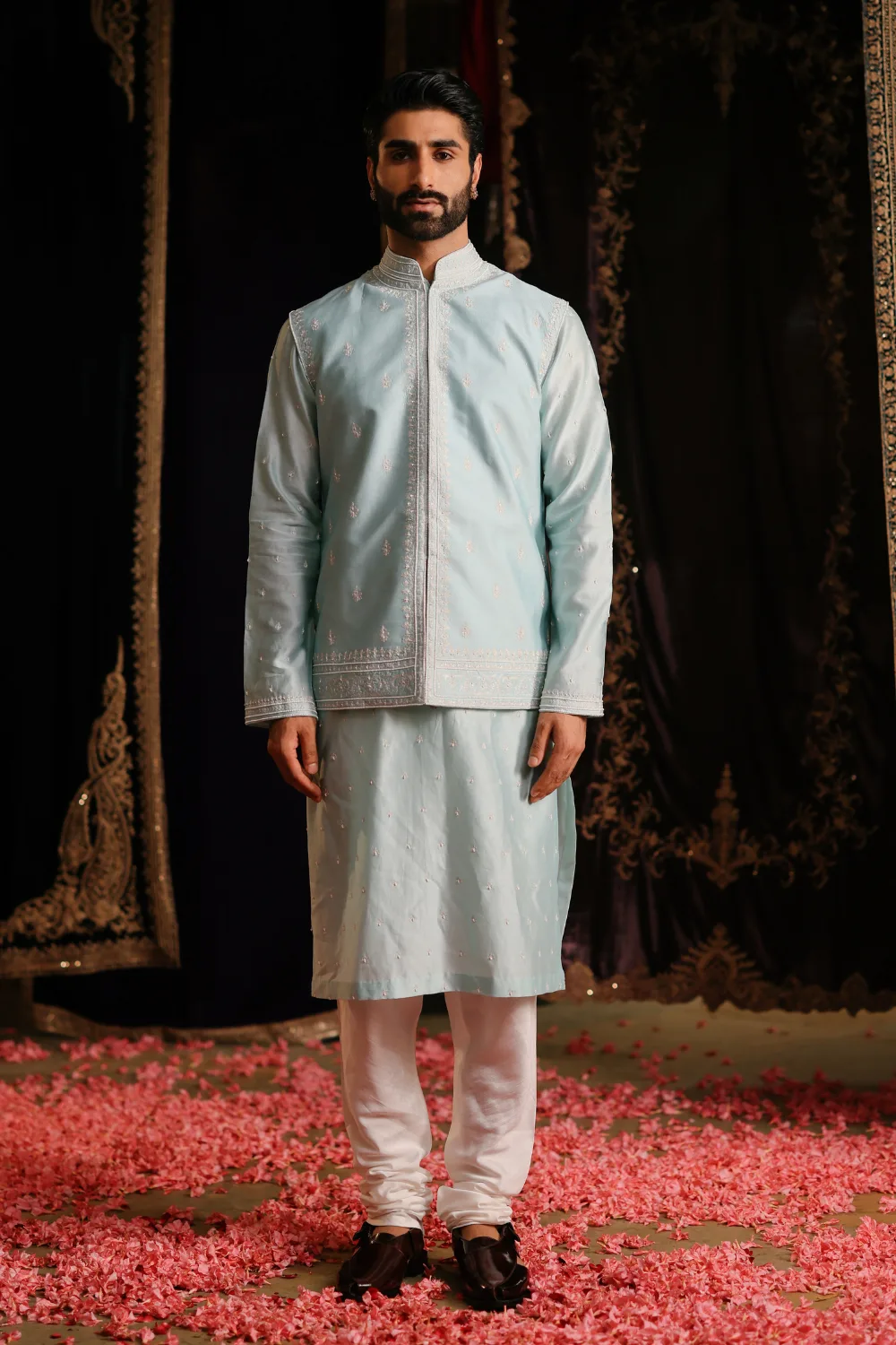 Junaid Jacket Set by Jigar Mali in aqua blue