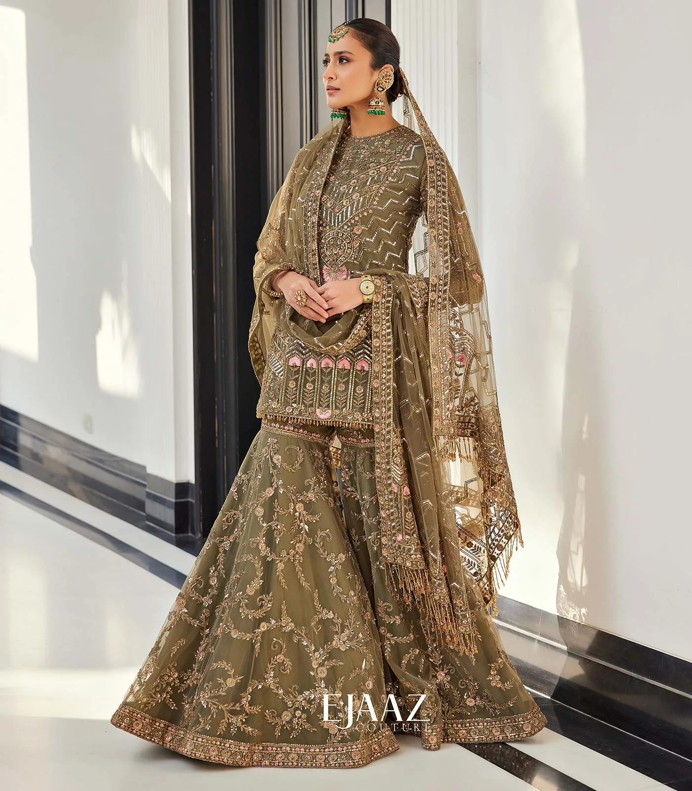 Olive Green Gharara Set by Mukul Arora