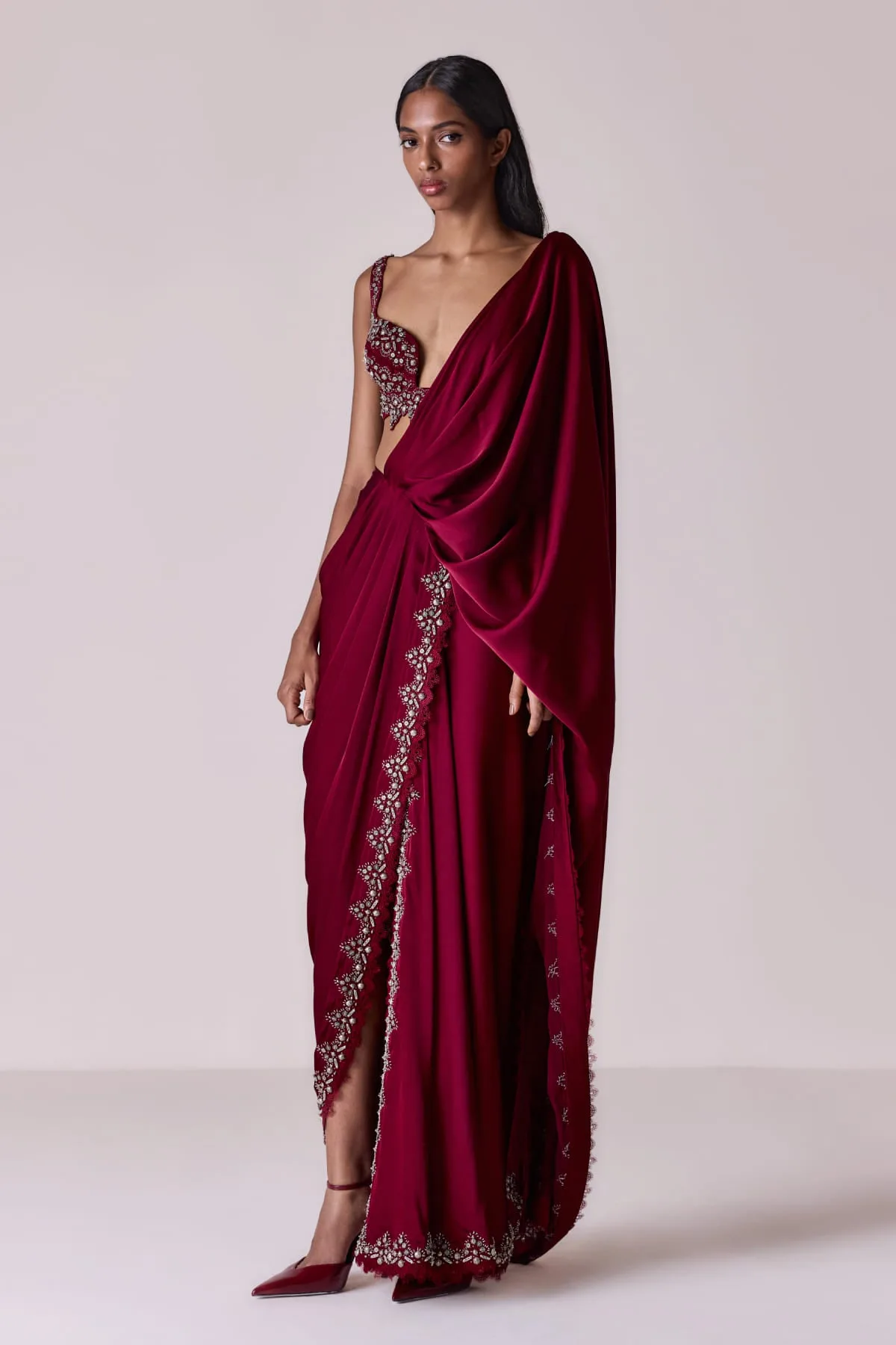 Clap Two by Qbik, maroon sari, view 2