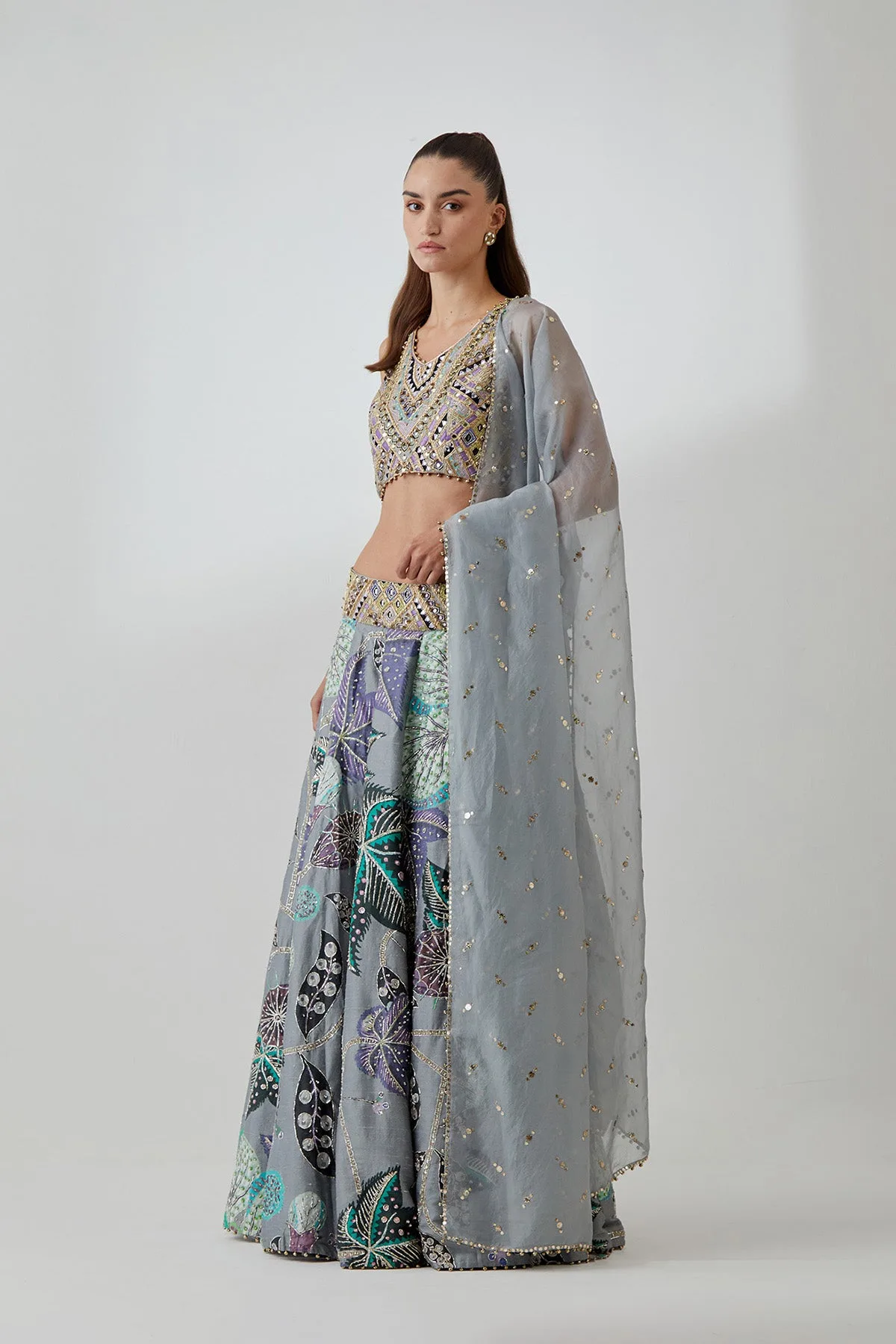 Grey Georgette Embroidered Choli With Abutilon Print Dupion Silk Lifted Lehenga And Mukaish Net Dupatta by Payal Singhal, view 4