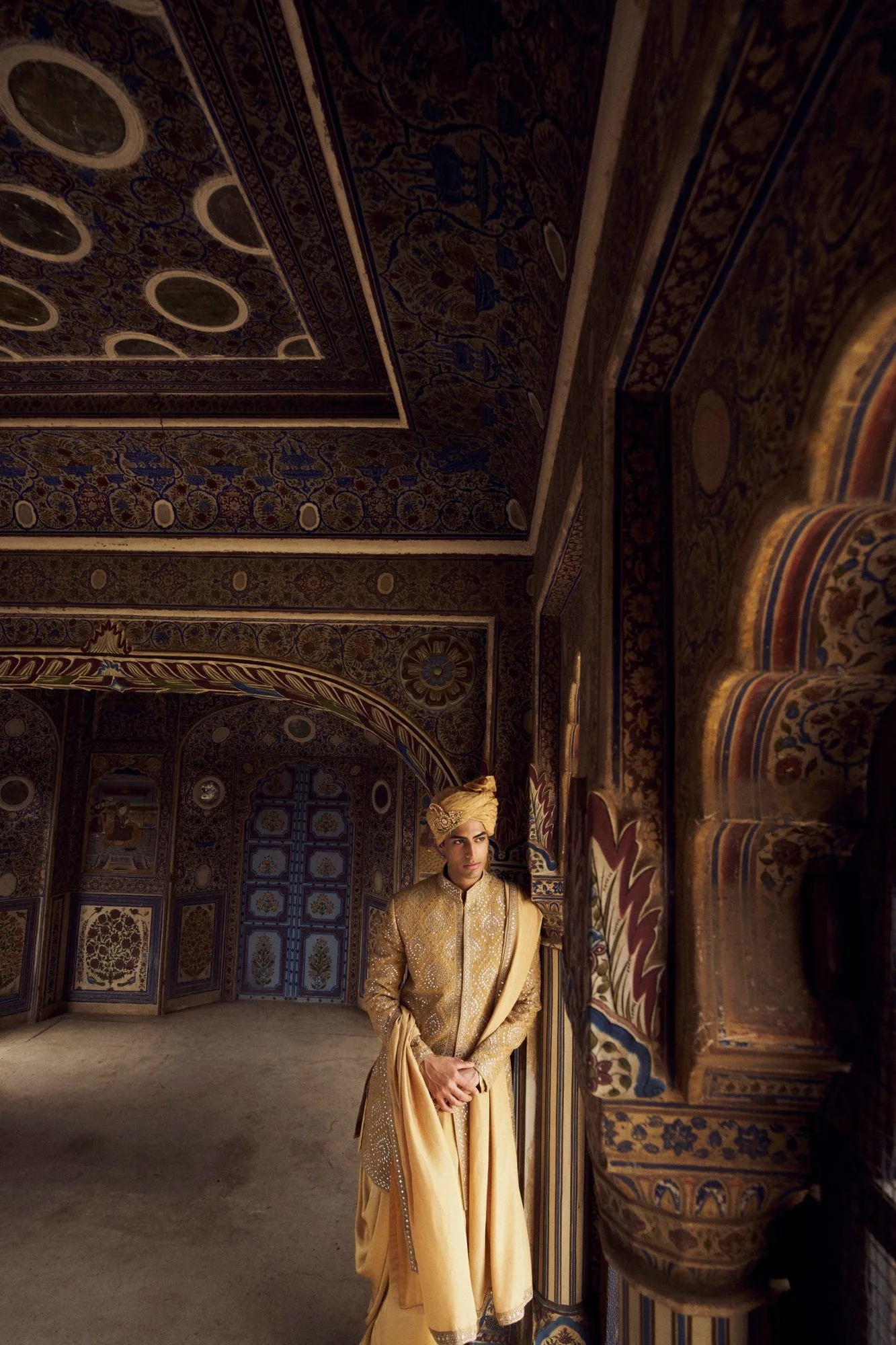 Gold Raw Silk Sherwani Set by Nitika Gujral, view 4