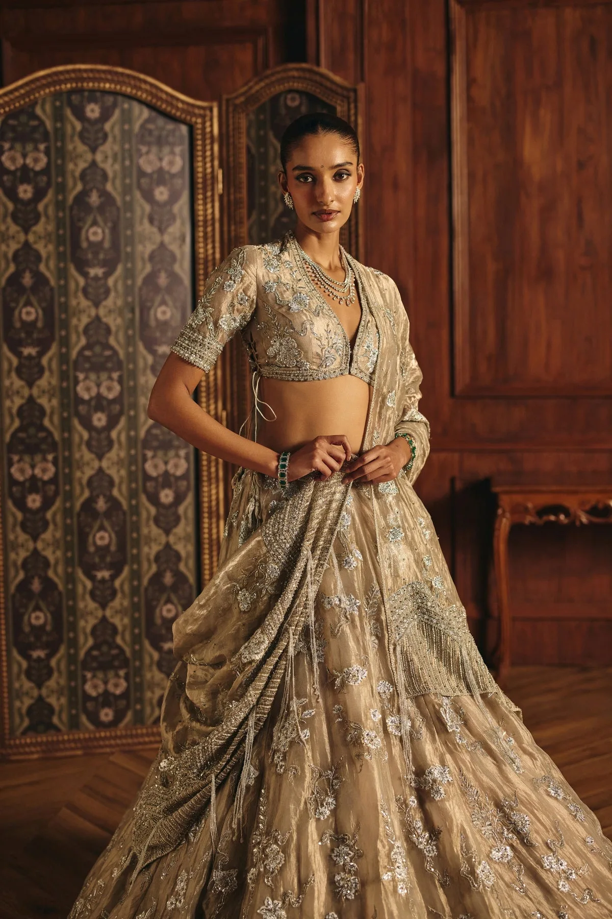Aditi by Mahima Mahajan, silver lehenga, view 3