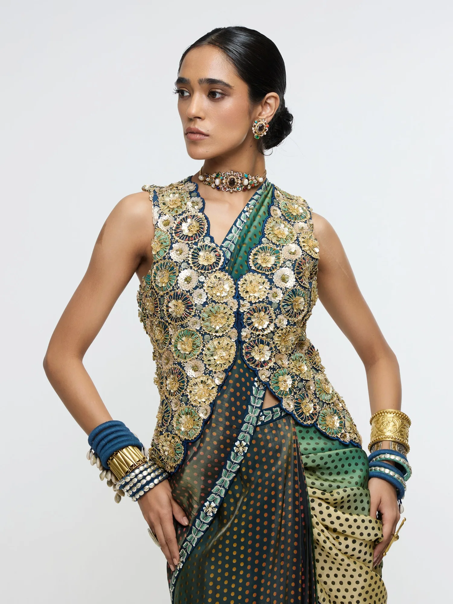 Nayab Waist Coat Paired With Drape Saree. by SVA in emerald, view 2